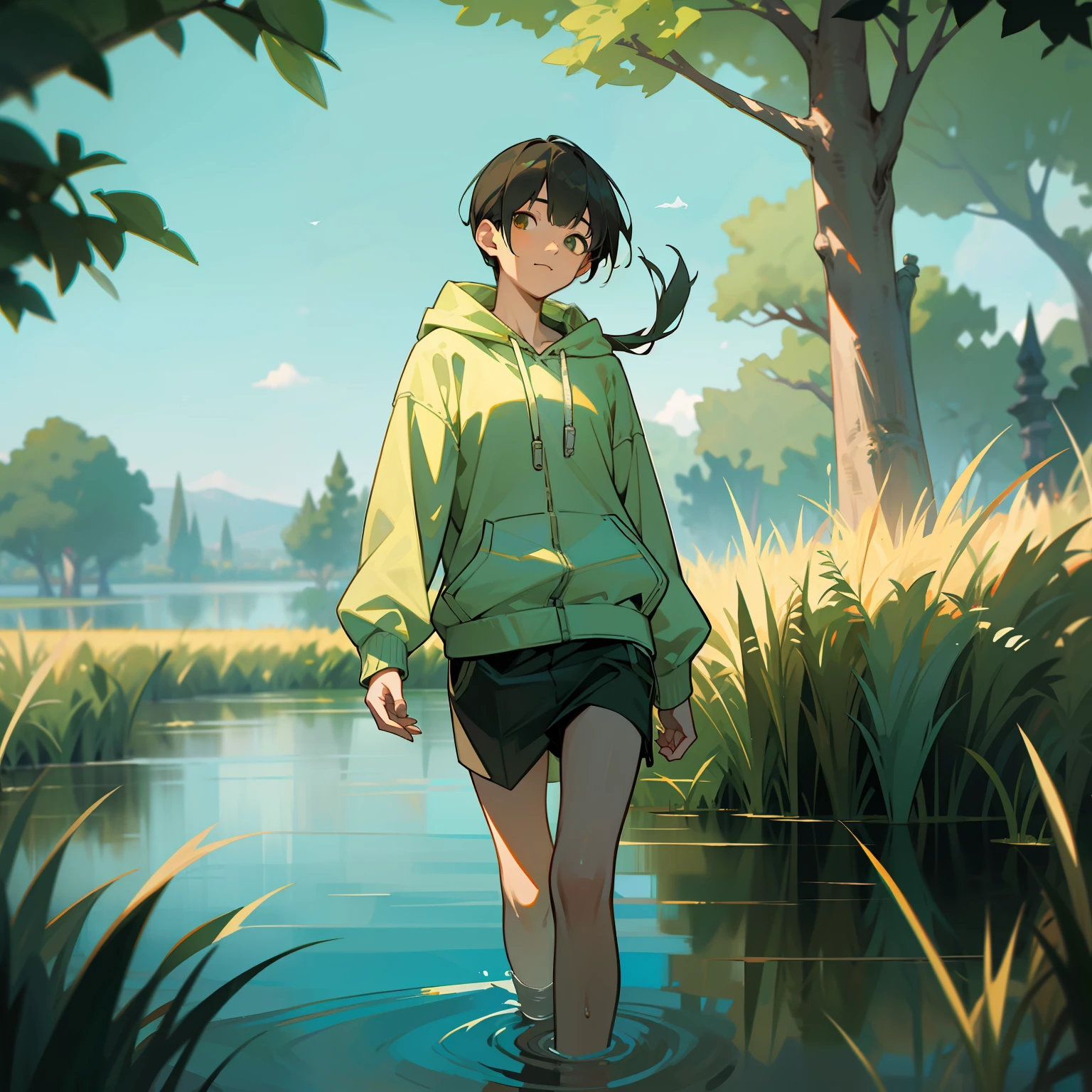mksks style, (very detailed background:1.0), (highly detailed background:1.0), 1girl, full_body, looking_at_viewer, hoodie, partially_unzipped, masterpiece, best quality, (1boy, solo, boy:1.2), lake, grass, walking on water, jumping, stone ruins, chromatic aberration, depth of field, soft lighting