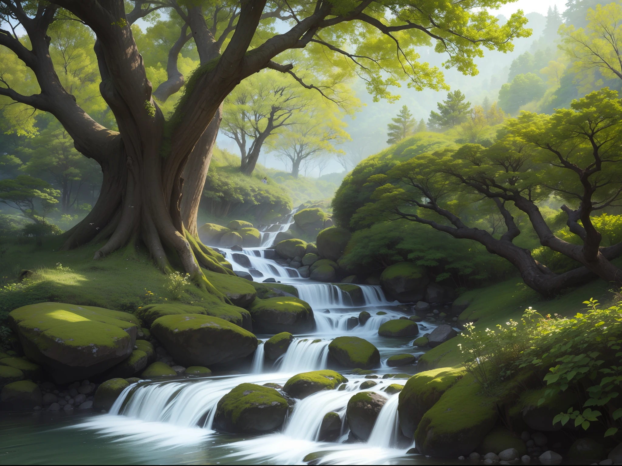 Next to the babbling stream stands a majestic ancient tree。