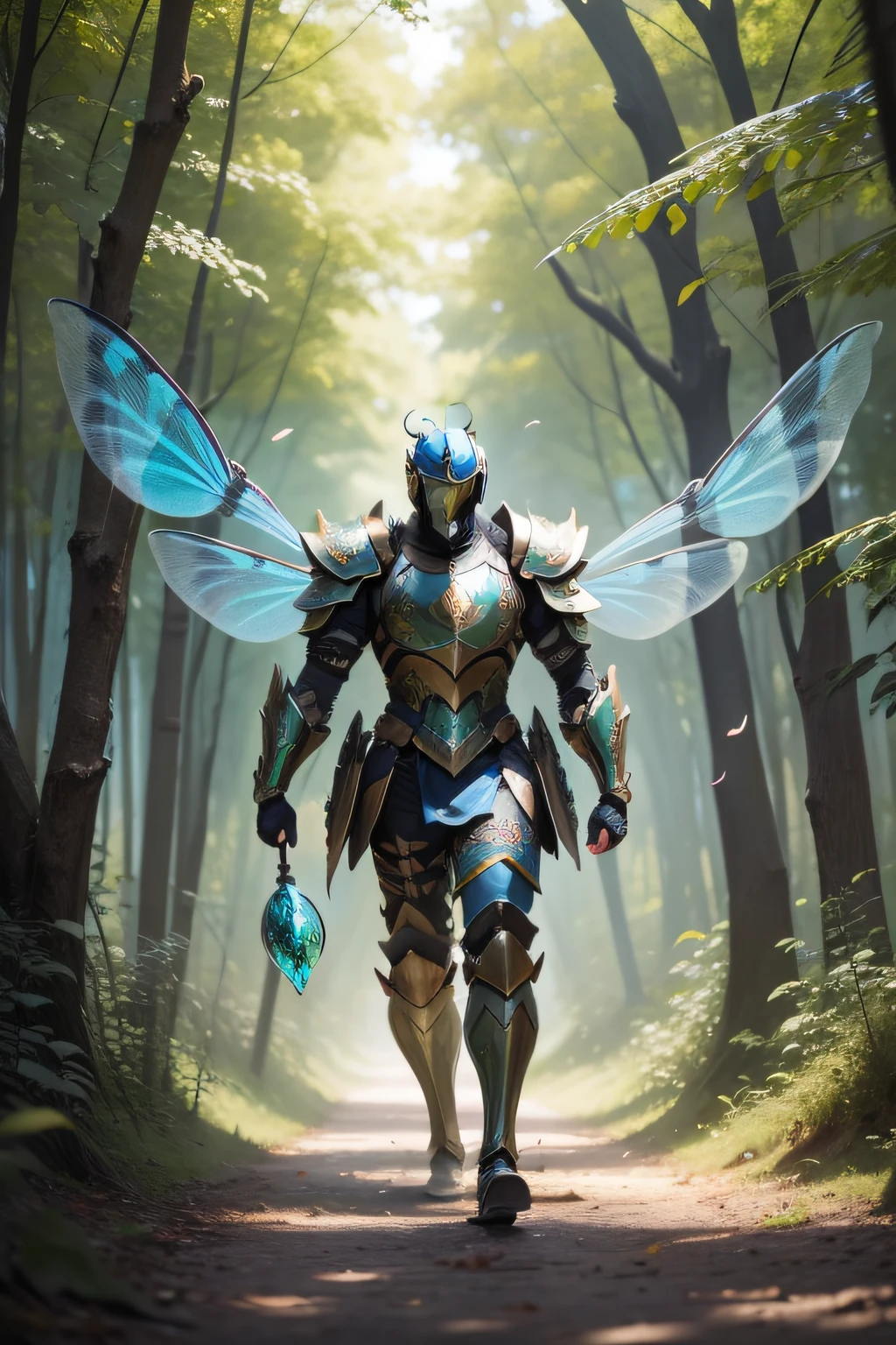 a male with dragonfly wings and armour with dragonfly colours flying through the forest getting chased