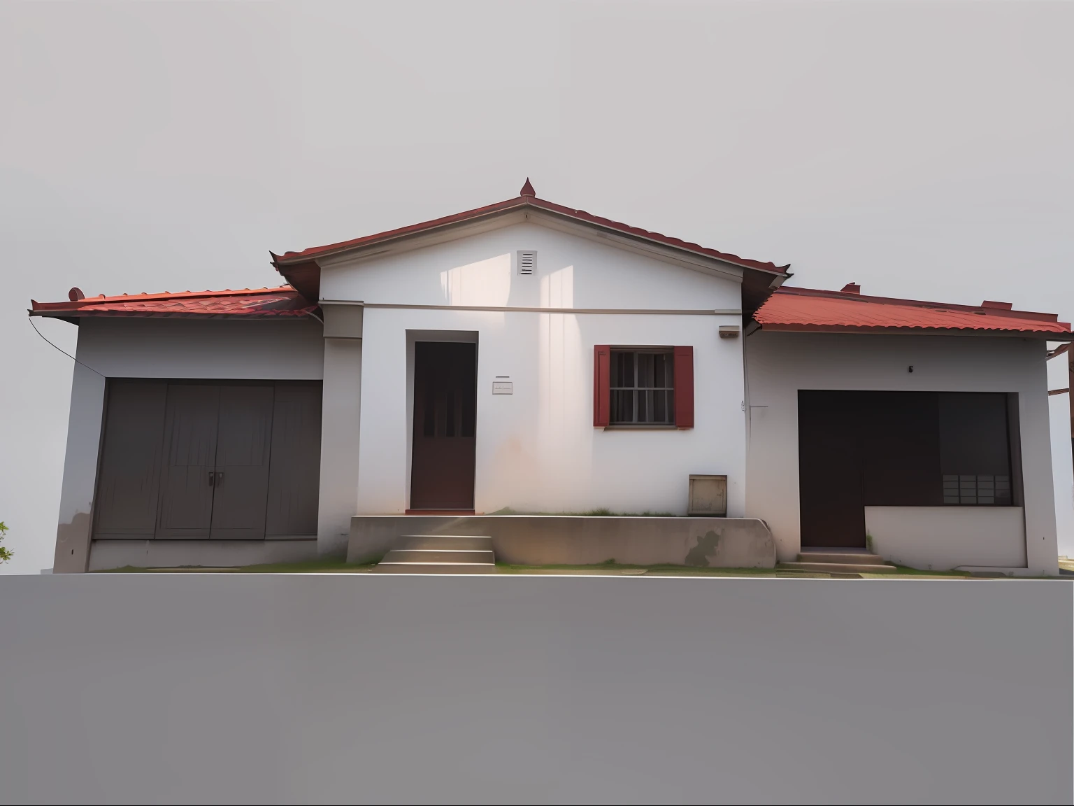 There is a white house with a red roof and a red roof, Lumion Pro rendering, imagem frontal, Vista frontal, vista frontal, vista exterior, casa completa, vista externa, imagem central, Frente, visto de fora, uma casa, Front view, old building, building facing, Villa Interdimensional, Vista frontal, foto frontal, casa velha, Frontal