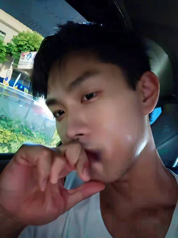 There was a young man sitting in the car，Place your fingers on your lips, , South Korean male, korean muscle boy 2 1 , Cai Xukun, with small nose, yanjun cheng, xintong chen, handsome chad chin, Straight nose!!!!!