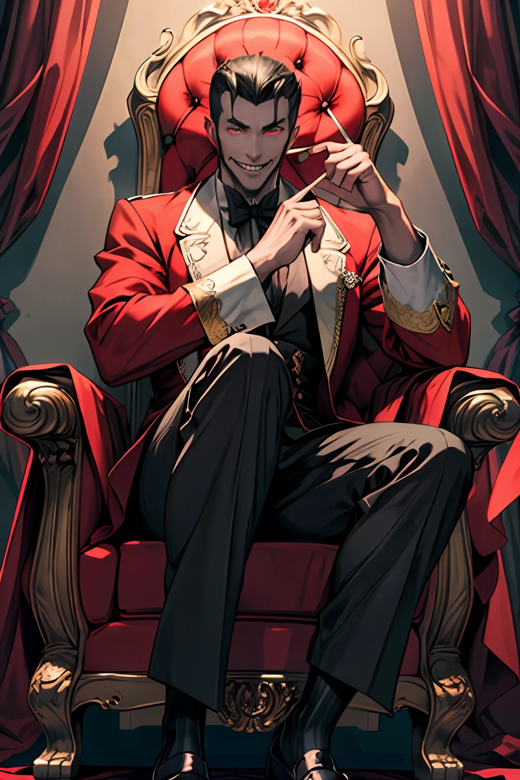 Best quality, portrait, A handsome man as Dracula, seated on his throne, Dracula's Castle, corps en forme, Tenue classique Dracula, visage parfait, (Des yeux brillants), sourire, Crocs visibles, tons doux, Composition hyperdétaillée, Intricate details, 8k, UHD