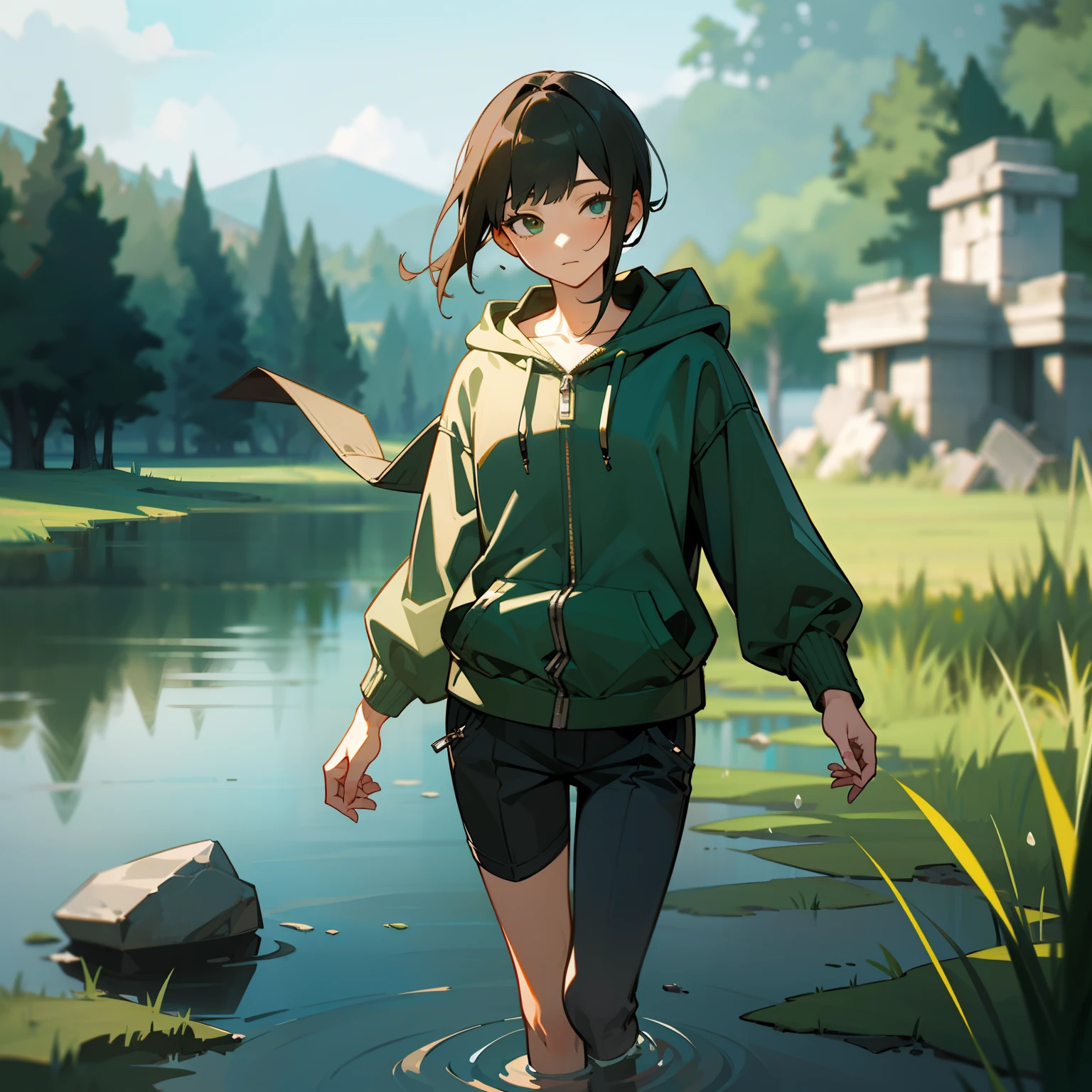 mksks style, (very detailed background:1.0), (highly detailed background:1.0), 1girl, full_body, looking_at_viewer, hoodie, partially_unzipped, masterpiece, best quality, (1boy, solo, boy:1.2), lake, grass, walking on water, jumping, stone ruins, chromatic aberration, depth of field, soft lighting