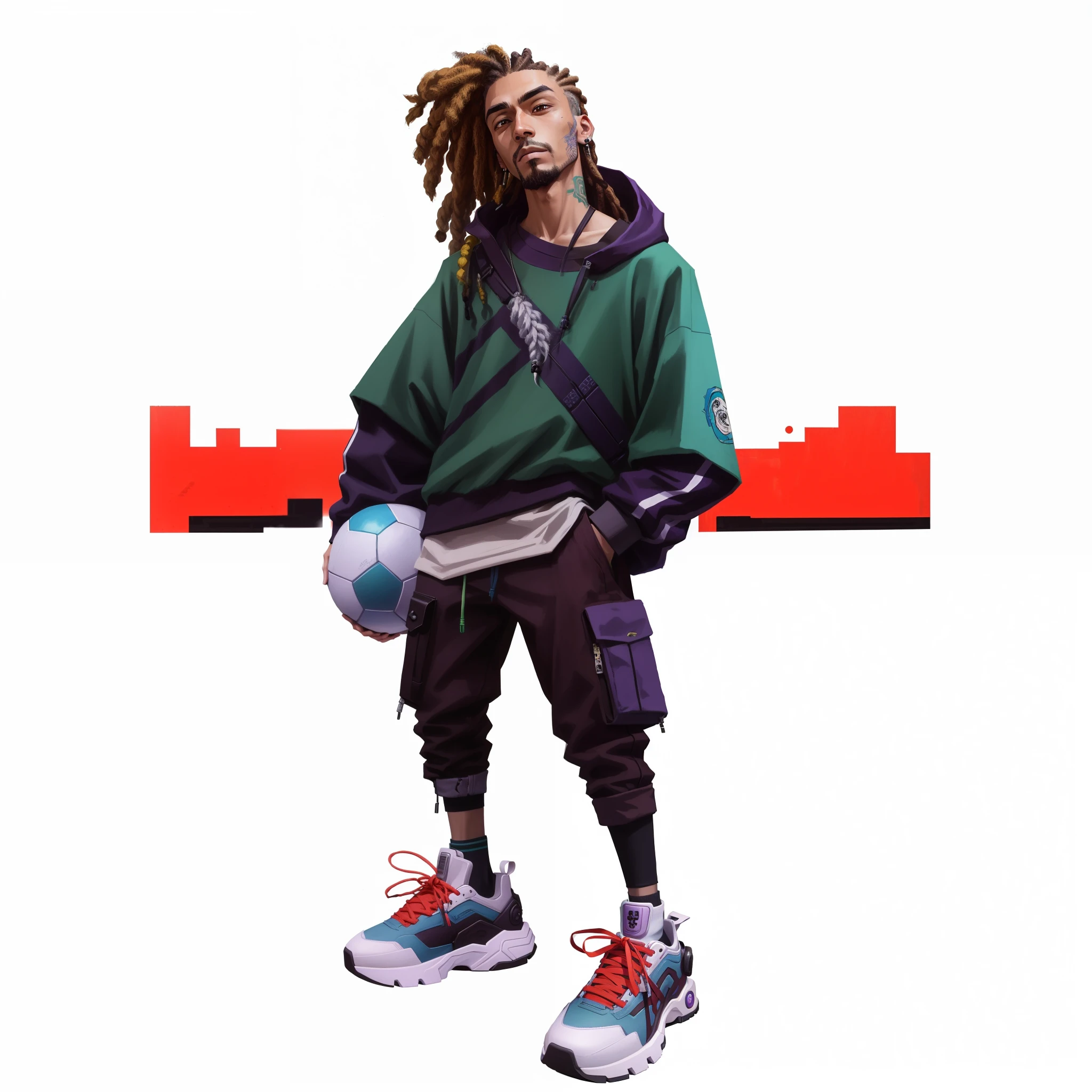 niji style, cartoon of a man with dreadlocks and a green shirt, holding a ball, cartoony face proportions, cyberpunk street goon, cyberpunk streetwear, inspired by Liam Wong, style digital painting, hiphop urban inspired