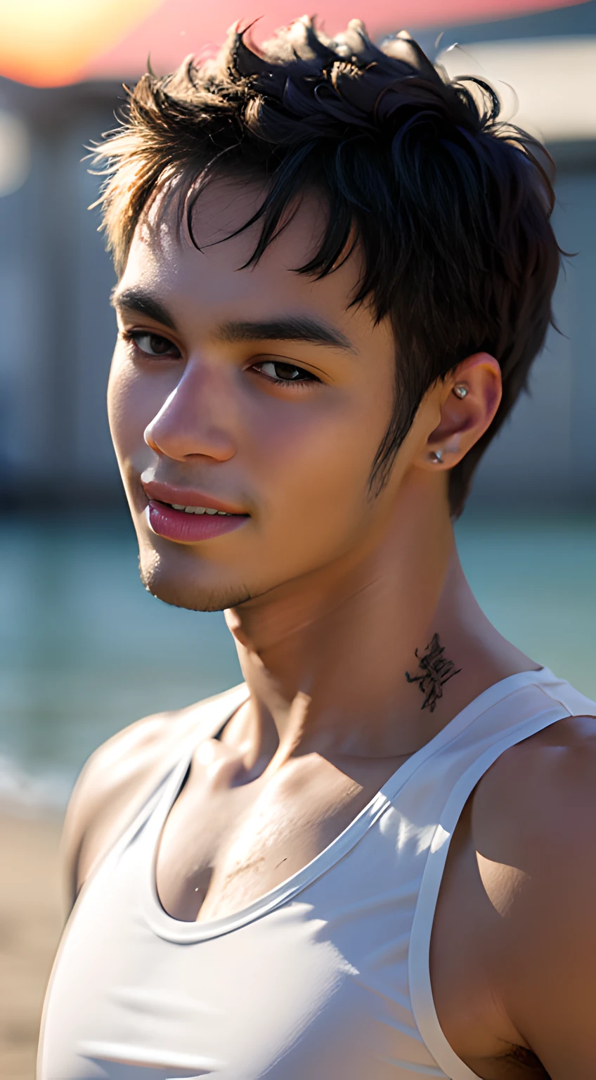 ((Men only)), (head shot), (face only), (look straight), (very sunburned skin), (handsome muscular man in his 20s), (Neymar), (wearing tank top), (the sun in the background), (on the beach), (Mischievous smile), (detaile: 1 in 1), Natural muscles, HIG quality, beautidful eyes, (Detailed face and eyes), (Face、: 1 / 2), Noise, Real Photographics、... .................................................................................................................PSD, Sharp Focus, High resolution 8K, realisitic & Professional Photography, 8K UHD, Soft lighting, High quality, Film grain, FujifilmXT3