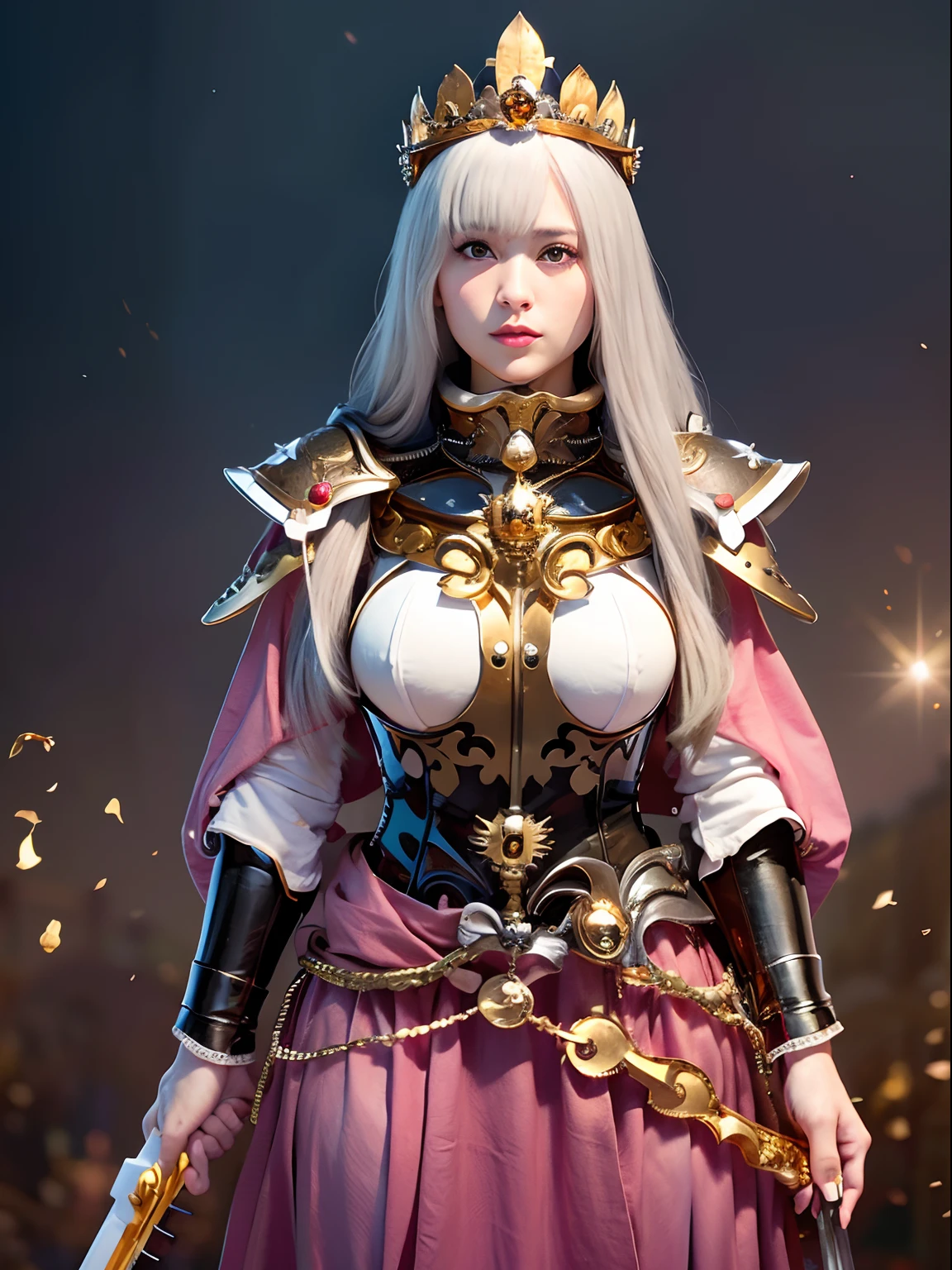 (masutepiece), Professional , masterpiece、top-quality、photos realistic , depth of fields (Gemstone Silver Metal Body:1.9),(Matte White、Jewel Gold Weapon(Jewel Metal Body:1.4),Gorgeous metal weapons , Detailed Sword of the Brave , Beautiful knife ,warhammer 40k , adepta sororitas,Detail and ornate jewel crown、Golden hair、Gangle's forest background、Beautiful Caucasian beauty、1a person、dynamic ungle,(((Detailed and ornate diamond crown)))、Smaller head、A smile、Background inside the castle、Thin and beautiful female hands、cleavage of the breast、Soldier in iron armor on background、Soldier in iron armor on background、Mystical expression、Light Effects、