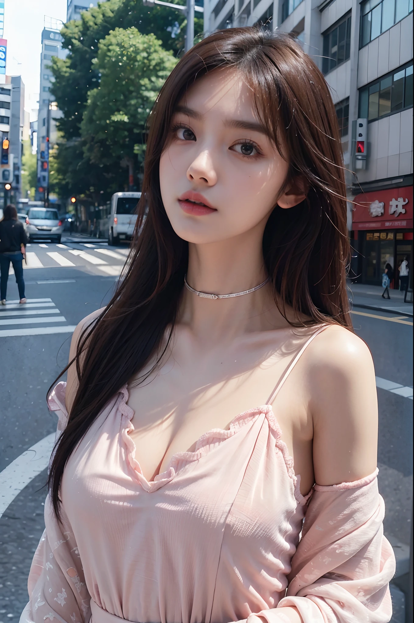 best quality detailing:1.2, reality, 8k UHD, high-res, 1girl in:1.2, Special details lurking, High quality surface, intricate detailed, detaild, Very Detailed CG, high quality shadow, detailed beautiful delicate face, Description: Beautiful delicate eyes, deep depth of field, Ray Thrashing, In her 20s...., Beautiful K-pop Girl, Korean Urzan Face:1.1, Slender Face, ulzzang -6500-v1.1:0.6, pureerosface_v1, glowing eye, teak, Glossy lips, perfectbody, choker、breast cleavage、 brunette hair、Ponytel:1.1, road, particles, View Viewr., real light:1.4, ultra-detail, photo-realistic, 4K 8k UHD Full Color RAW Photos, Fuji Film(Medium format:1.2), hasselblad:1.2, Carl Zeiss:1.1, Stunning dynamic range photography(utility_Art by Smoose-768:1.1), high-res, High pixel count, Clear details, sharp photo, Natural color reproduction, Noise Reduction, High fidelity, quality, Software updates, Downsizing, Optimized algorithms, Pro Retouching、((Shibuya, tokyo))、On the way to shopping、((Fashion clothes with very high designs....))、graphic tee: art & logo、Graphic T-shirts printed with anime characters are trending.....、Used for unique styling....
