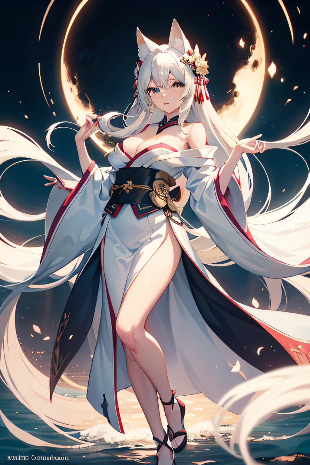 1 girl with white fox ears,Perfect face,Radiant skin,Beautiful flowing long hair, Large breasts,exposed bare shoulders,slim toned body,Nice sexy body,tempting pose,Five fingers,Long legs, Open the kimono, 8 k artistic photography, Arte conceptual fotorrealista, soft natural volumetric cinematic perfect light, Epic, trending on artstationh, vibrant, production cinematic character render, ultra high quality model, Chiaroscuro