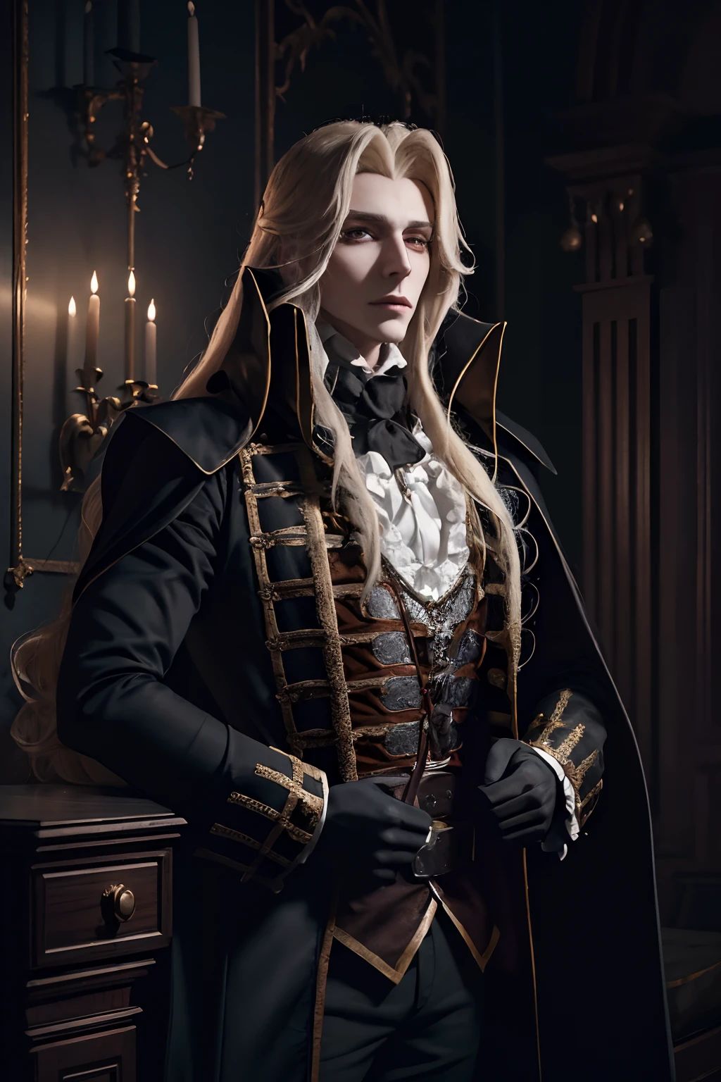 1homme, bel homme, Upper body portrait of Alucardcastlevania Wearing a court suit in the bedroomGothic room, bougie, Regarder le spectateur, Dim Light, Sombre, horreur \(theme\), Realstic, longue blonde,