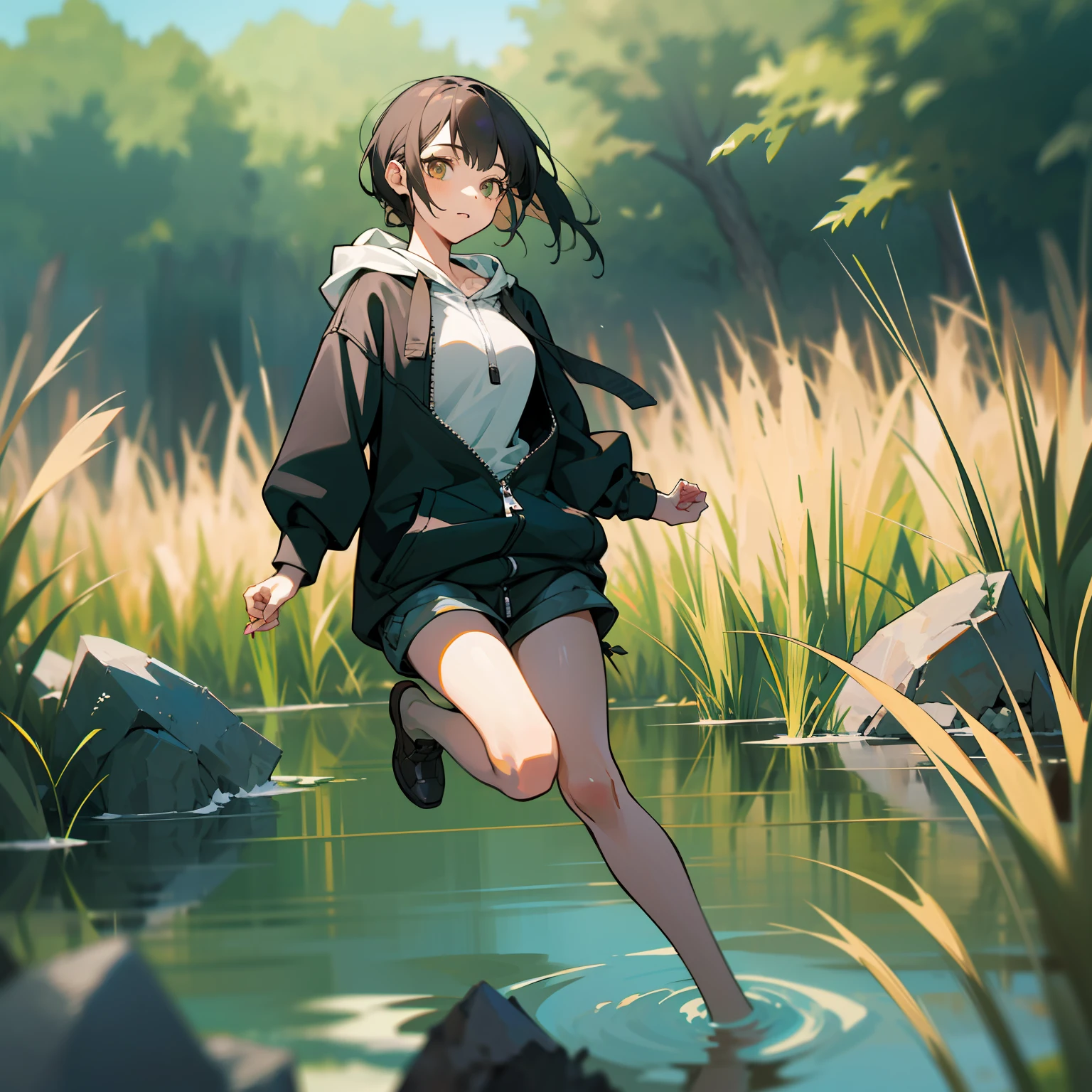 mksks style, (very detailed background:1.0), (highly detailed background:1.0), 1girl, full_body, looking_at_viewer, hoodie, partially_unzipped, masterpiece, best quality, (1girl, solo, girl:1.2), lake, grass, walking on water, jumping, stone ruins, chromatic aberration, depth of field, soft lighting