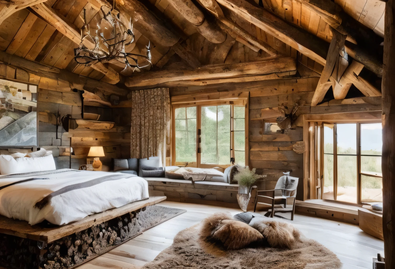 arafed bedroom with a bed, chair, and a window, rustic, rustic setting, wood accents, cozy setting, luxurious wooden cottage, rustic and weathered, modern rustic, ornate retreat, wood panel walls, cozy treehouse bedroom, wooden ceiling, stunning image, chalet, wood paneling, wide shot of a cabin interior, cozy and calm, very cozy