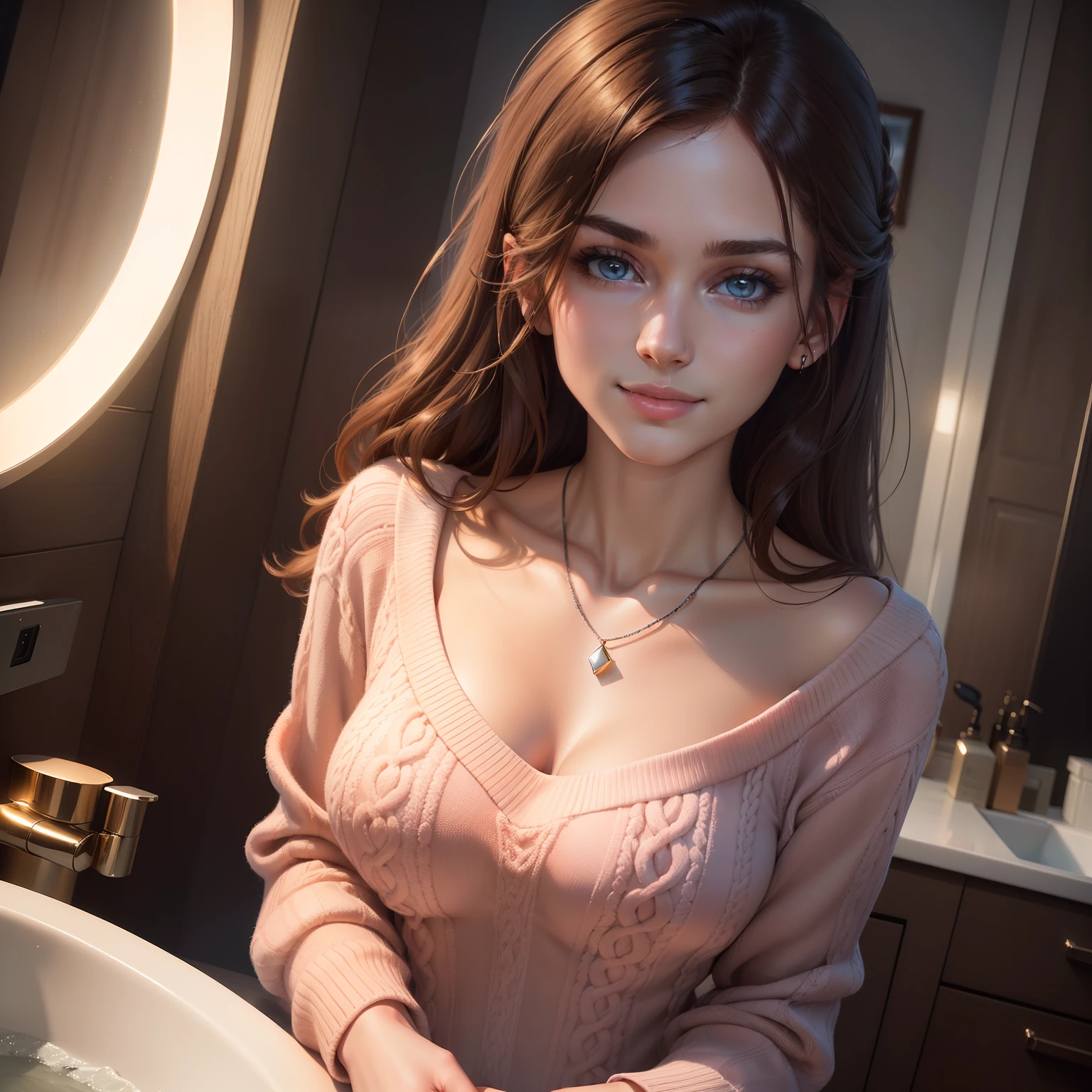 ((Night, Realistic Light, Best Quality, 8K, Masterpiece: 1.3)), 1girl, Slim Beauty: 1.4, Abs: 1.1, (Brown hair, Medium breasts: 1.3), Long pink sweater: 1.1, Bathroom, Super fine face, Delicate eyes, Double eyelids, smile, necklace