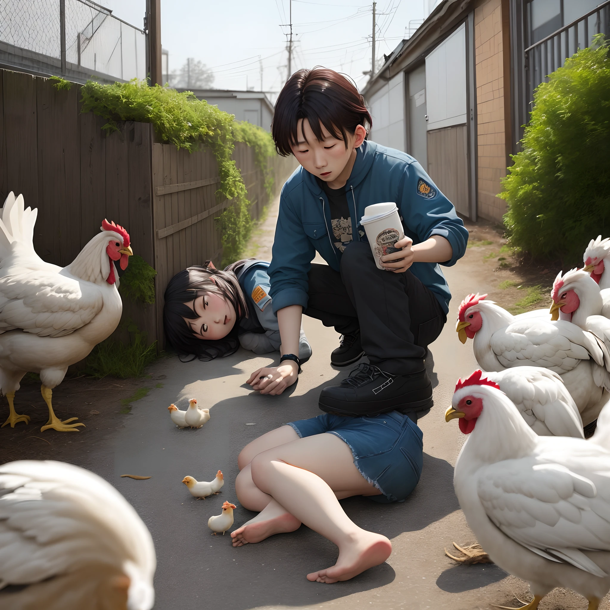 a pregirl,jk,Knocked down by chickens,废墟,nausea