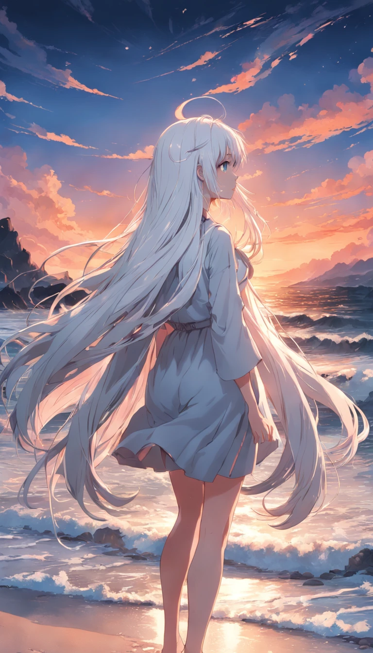 Beach,Look up,long white hair,Dark