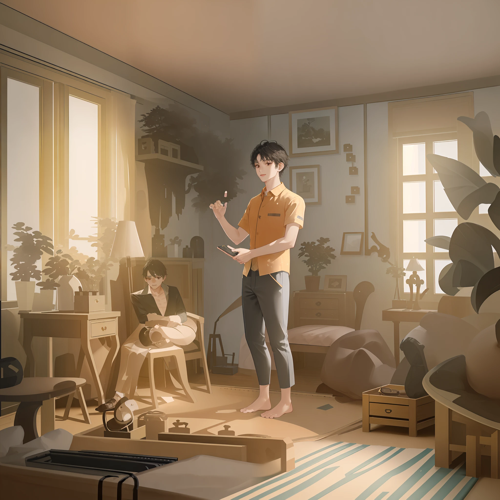 One man introducing a product、(Detailed limbs)、(Detailed room)、 (natural atmosphere)、(Man introducing a product)、(Poses and facial expressions、Room details are natural)、(8K)、hightquality、(Introductory items at hand)