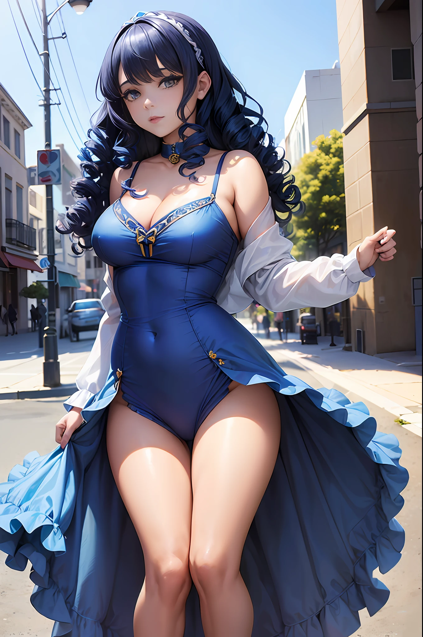 (La mejor calidad) (obra maestra ) Cara perfecta. kawaii & Siniestra princesa belleza joven en la ciudad de Los Angeles. (((Blue curly hair))) ((((nordin woman))))