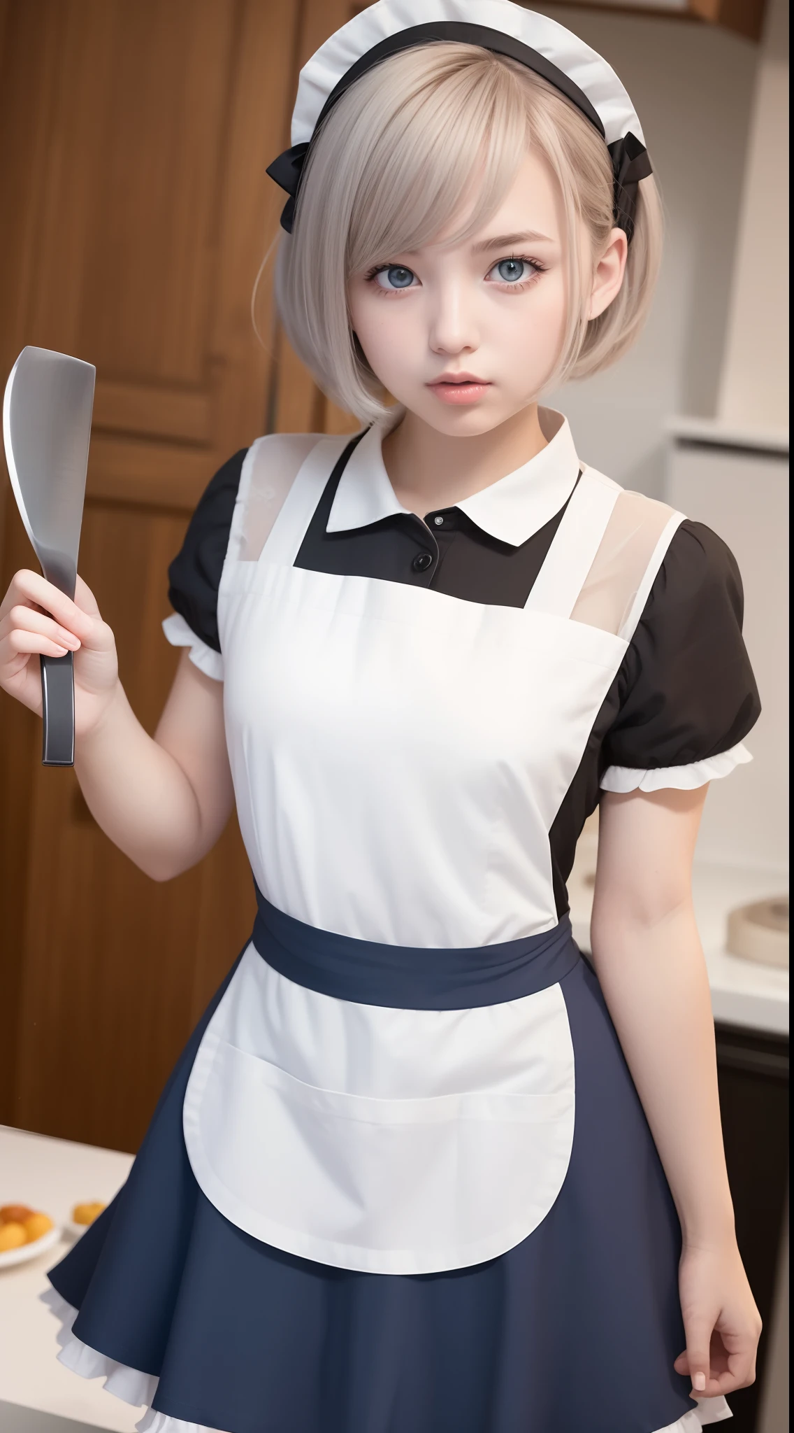 Photos of th3r0ck as a playful maid,1girll,Silver hair,blue color eyes,tiny mouth,aprons,amazing body,pronounced feminine features,plumw,kitchens,holding knives,Flirt with the camera
