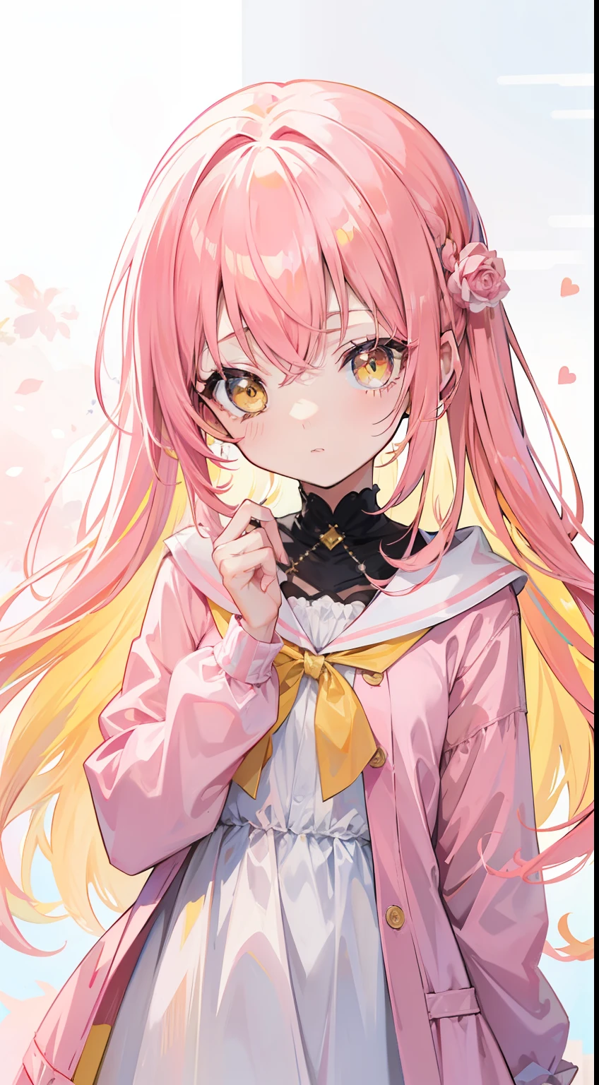 Long dreamy shiny light pink yellow hair,Pink and yellow with white clothes,Milky,The eyes are pink-yellow,It's a cute girl