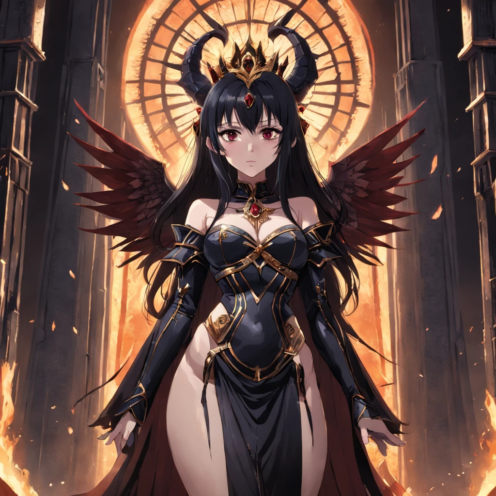 ((masterpiece, super detailed, very high resolution, best quality;1.3)), solo, 1woman, side light, glowing skin, Not looking at the view, Don't look at the view, sexy woman, long dark hair, horror queen clothes, evil goddess, Isis wings, dark empress crown, goth jewerly, ((hell palace background)),