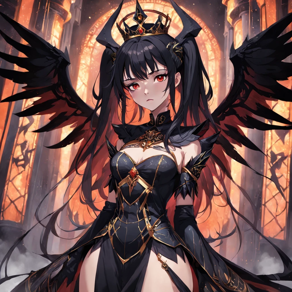 ((masterpiece, super detailed, very high resolution, best quality;1.3)), solo, 1woman, side light, glowing skin, Not looking at the view, Don't look at the view, sexy woman, long dark hair, horror queen clothes, evil goddess, Isis wings, dark empress crown, goth jewerly, ((hell  palace background)),