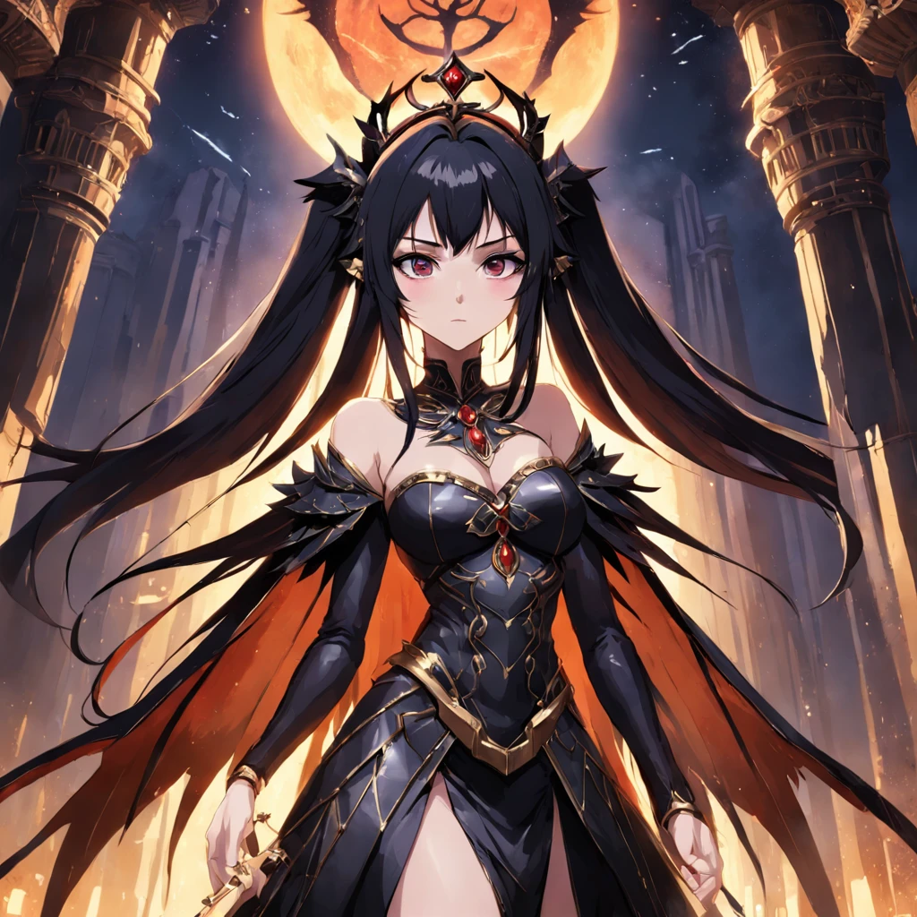 ((masterpiece, super detailed, very high resolution, best quality;1.3)), solo, 1woman, side light, glowing skin, Not looking at the view, Don't look at the view, sexy woman, long dark hair, horror queen clothes, evil goddess, Isis wings, dark empress crown, goth jewerly, ((hell palace background)),