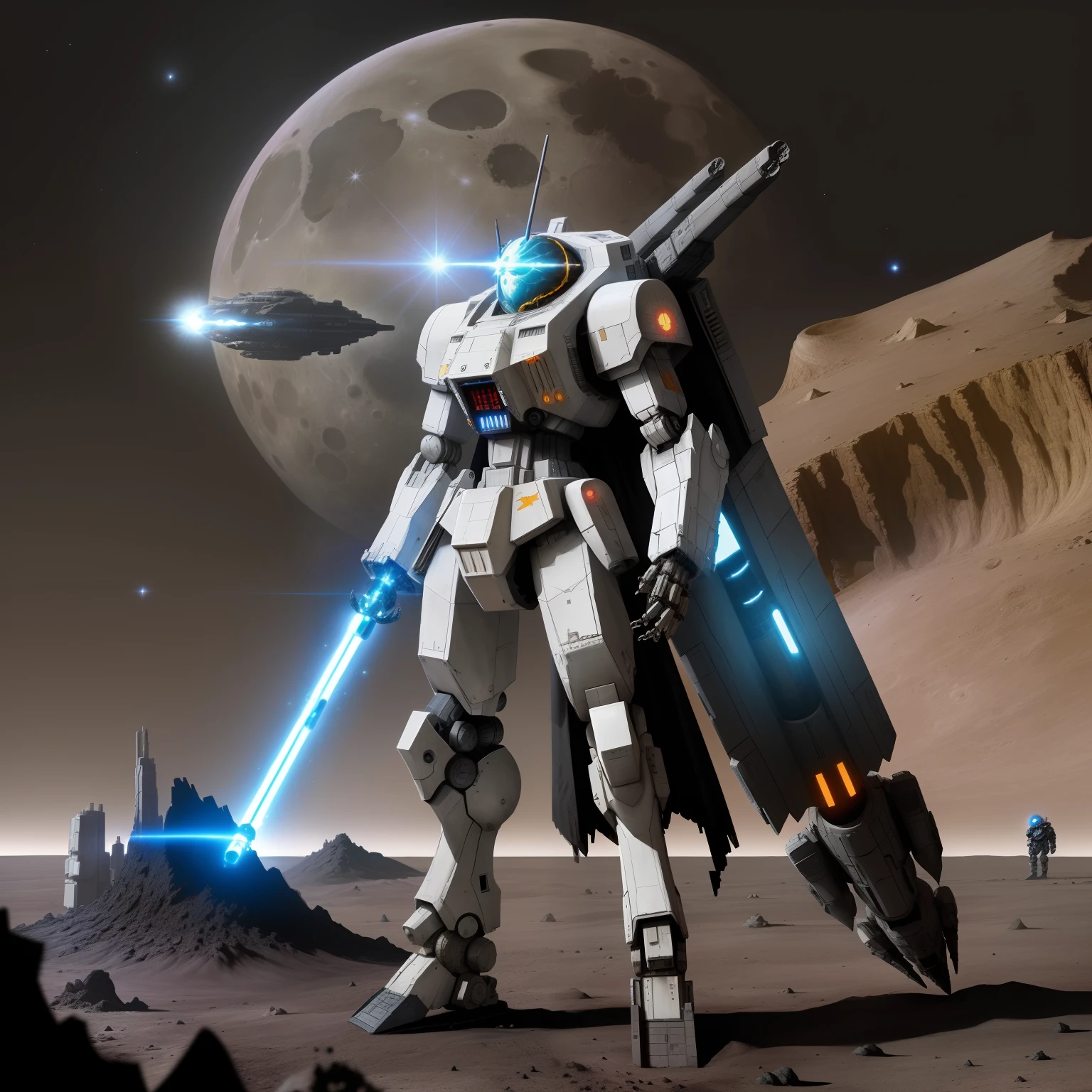 A gray-black mech holding a lightsaber stands majestically in the crater of the moon,The surrounding area is littered with the remains of spaceships and other mechs,A huge space battleship behind it seems to have been traumatized by war,Short-circuited wires can be seen
