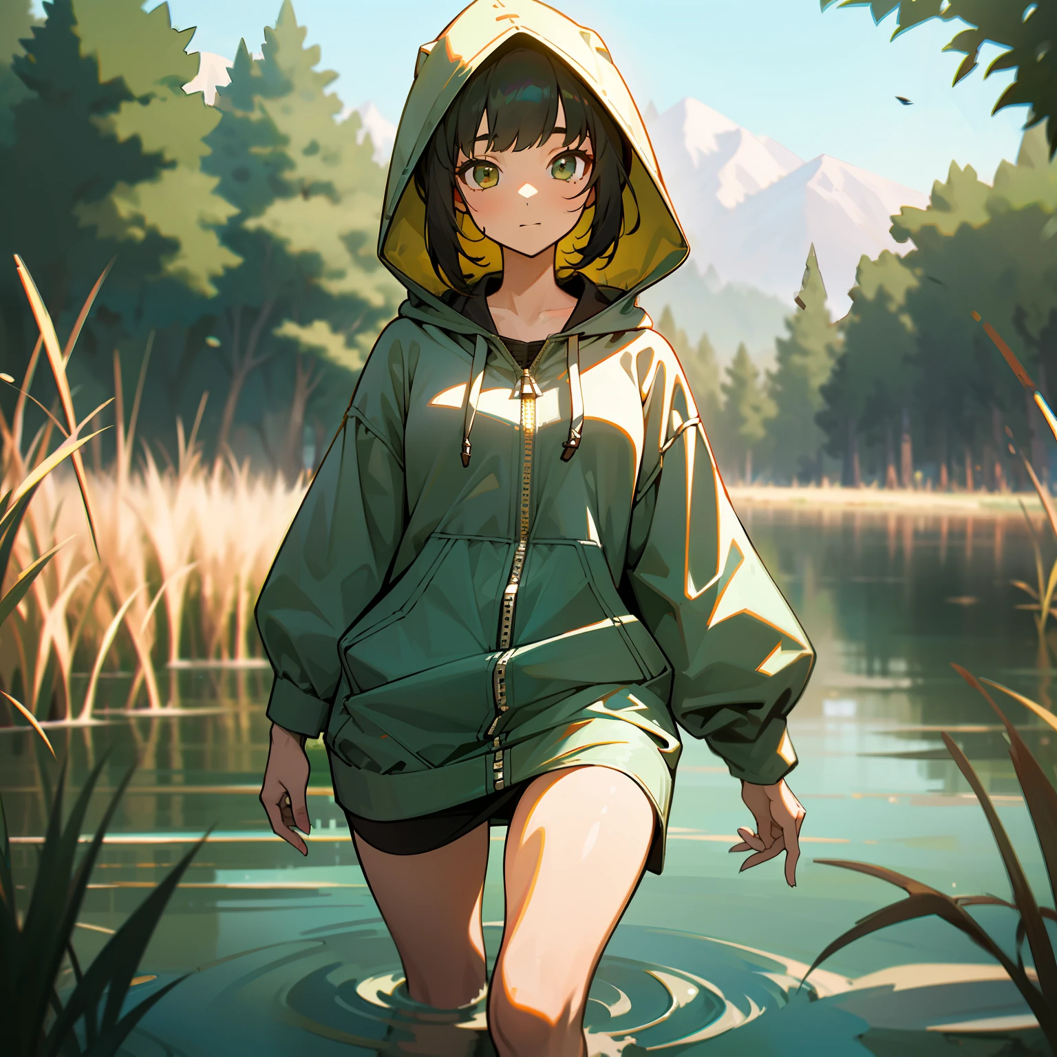 mksks style, (very detailed background:1.0), (highly detailed background:1.0), 1girl, full_body, looking_at_viewer, hoodie, partially_unzipped, masterpiece, best quality, (1girl, solo, girl:1.2), lake, grass, walking on water, jumping, stone ruins, chromatic aberration, depth of field, soft lighting