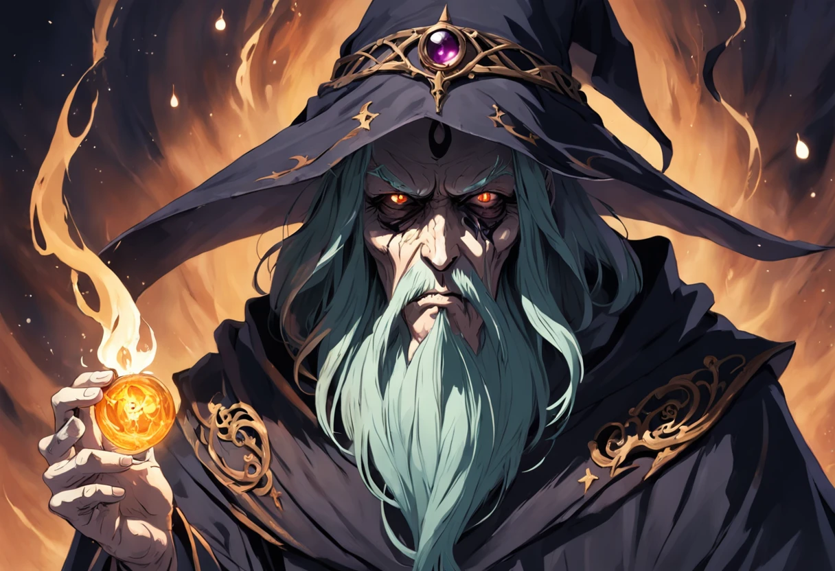 Crie um desenho aterrorizante de um bruxo bruxo. This wizard is a being of darkness, his face is old, com olhos afundados e sem pupila, apenas uma chama ardente. Their skin is stretched like parchment and covered in mysterious runes that seem to move. on the headpiece, He wears a wide-brimmed hat, cujas sombras escondem seu rosto,  as if the hat were a lit candle. His torn black cloak seems to be made of living shadows that stretch to infinity. The wizard holds a twisted staff with a human skull at the end, e um escuro, viscous substance oozes from the skull. Around it is a circle of candles that burn in green flames and exude a sulfurous smell. The background is dark and full of sinister shadows