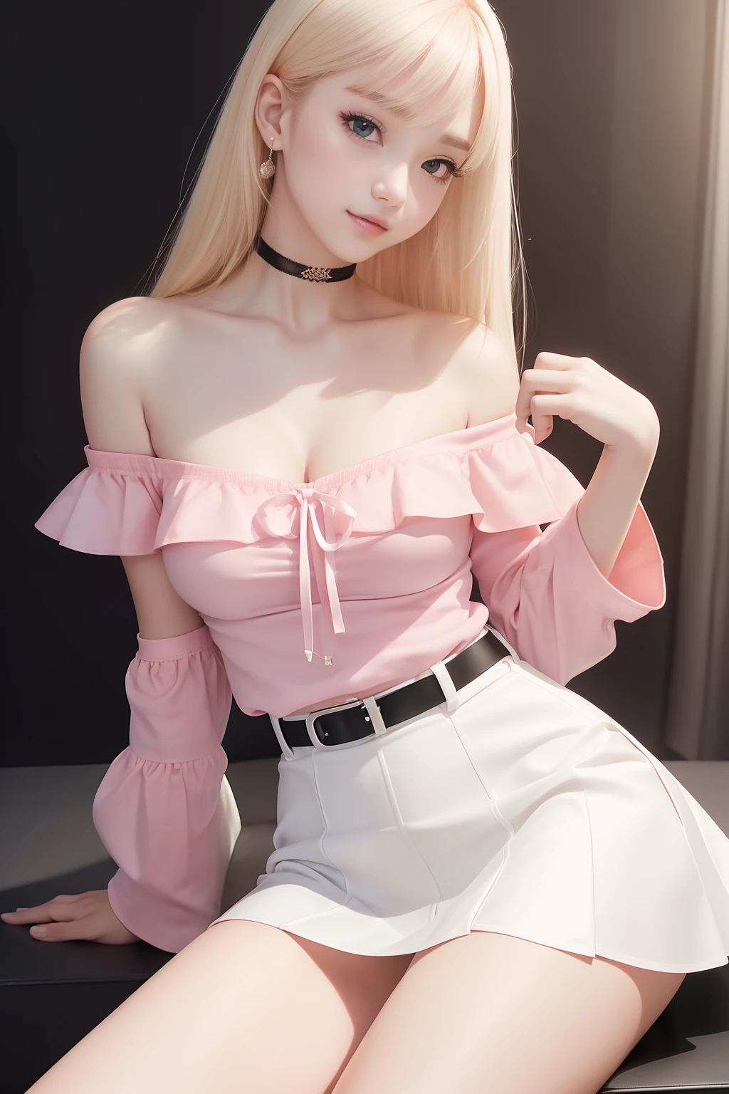 top-quality, 超A high resolution, (Photorealsitic:1.4), 1人, ((Off-shoulder pink shirt)), (White tight skirt), Black Choker, (Lustrous blonde hair), (A slender), (Shallow cleavage), a closeup, ssmile, (model shot),