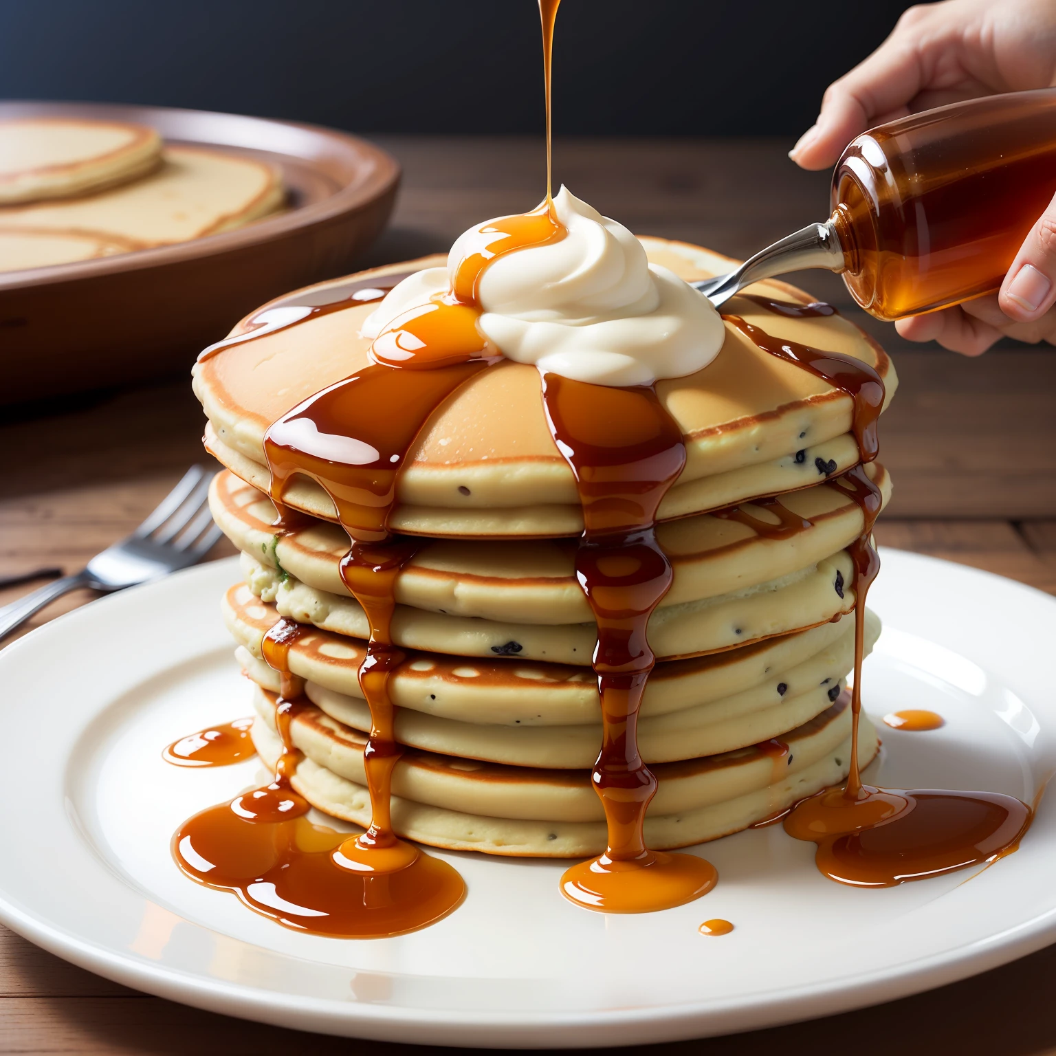masterpiece, high quality, best quality, pancakes poured with maple syrup, (thin pancakes), foodphoto,