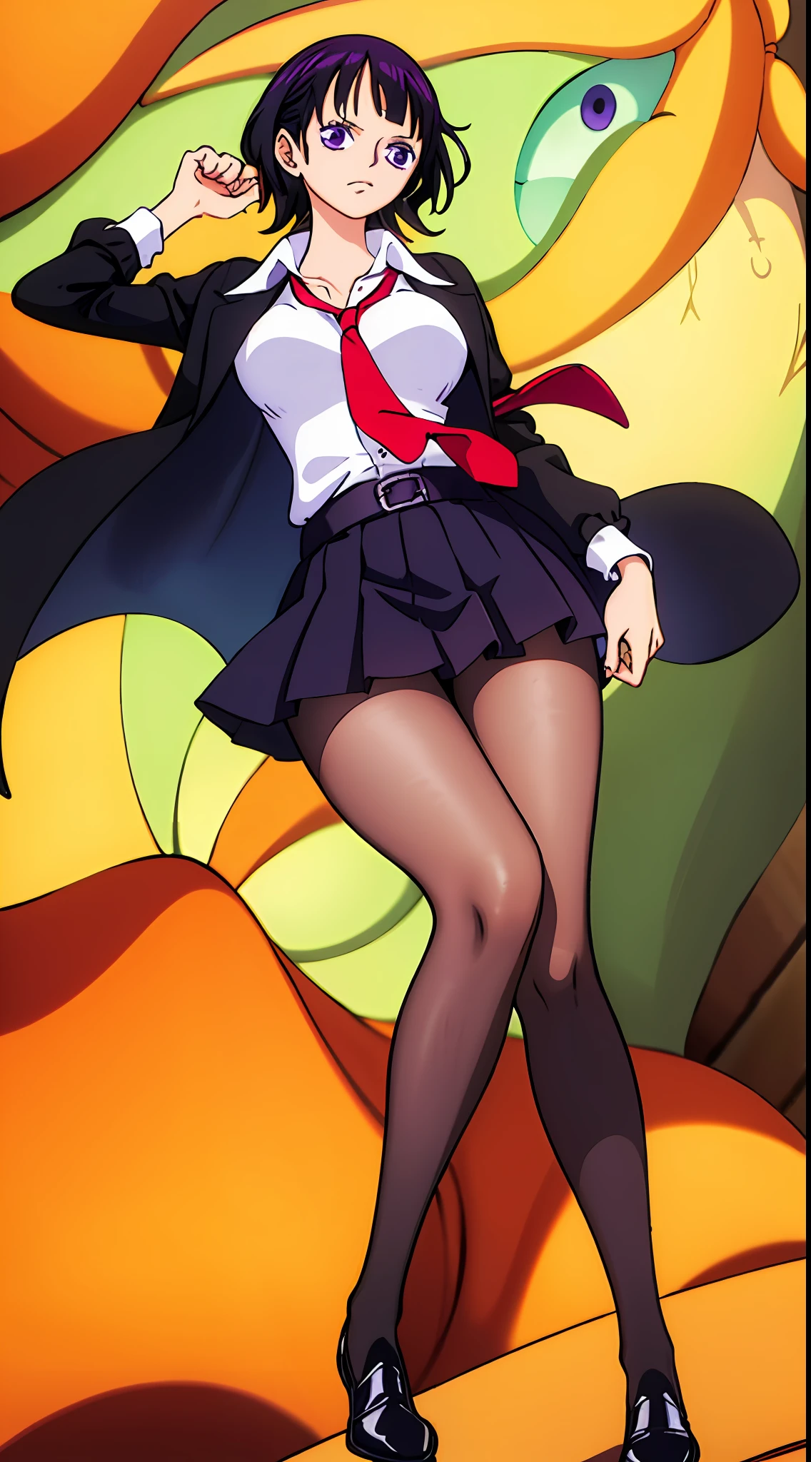 (masterpiece), (style of one piece), best quality, 1girl, short black hair, purple eyes, medium breasts, black skirt, pleated skirt, red necktie, black pantyhose, white shirt, long sleeves, black jacket