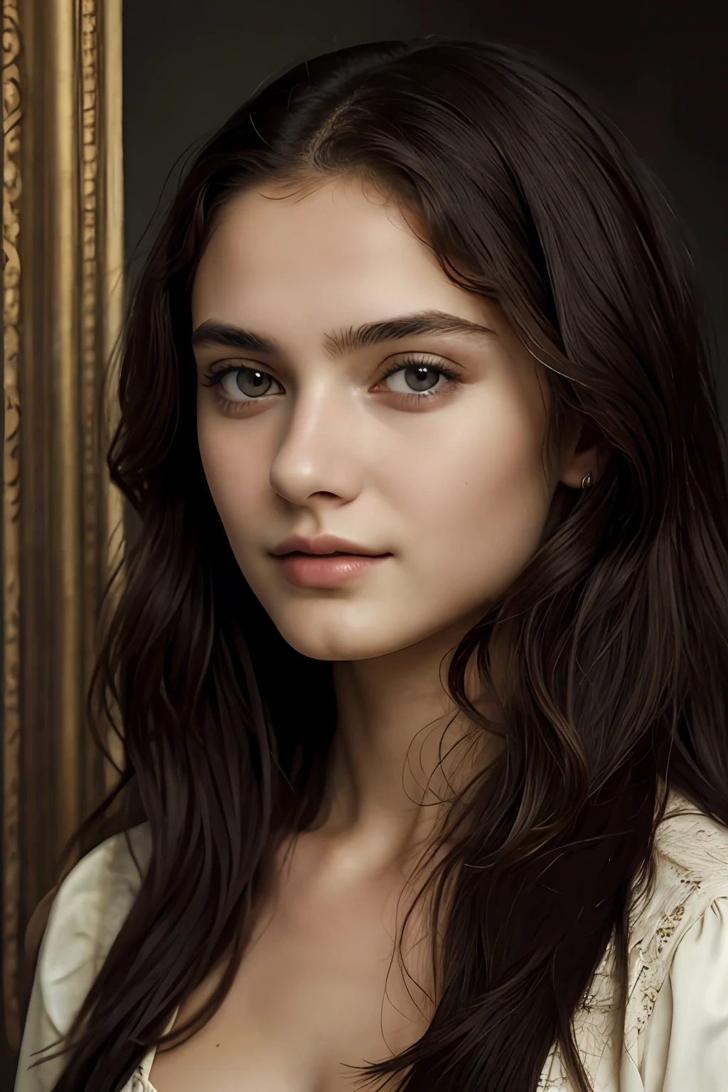 Top Quality, Masterpiece, oil painting by Leonardo Da Vinci (Pale 15-year-old Italian, looking up at the viewer), Cute, (undressed, disheveled, with black matted hair), full-length portrait, a perfect face, Mesmerizing eyes, Vivid details, pouting lips, (high skin detail), big breasts, (Ultra-detailed, Complex Detail), ,flirting with camera