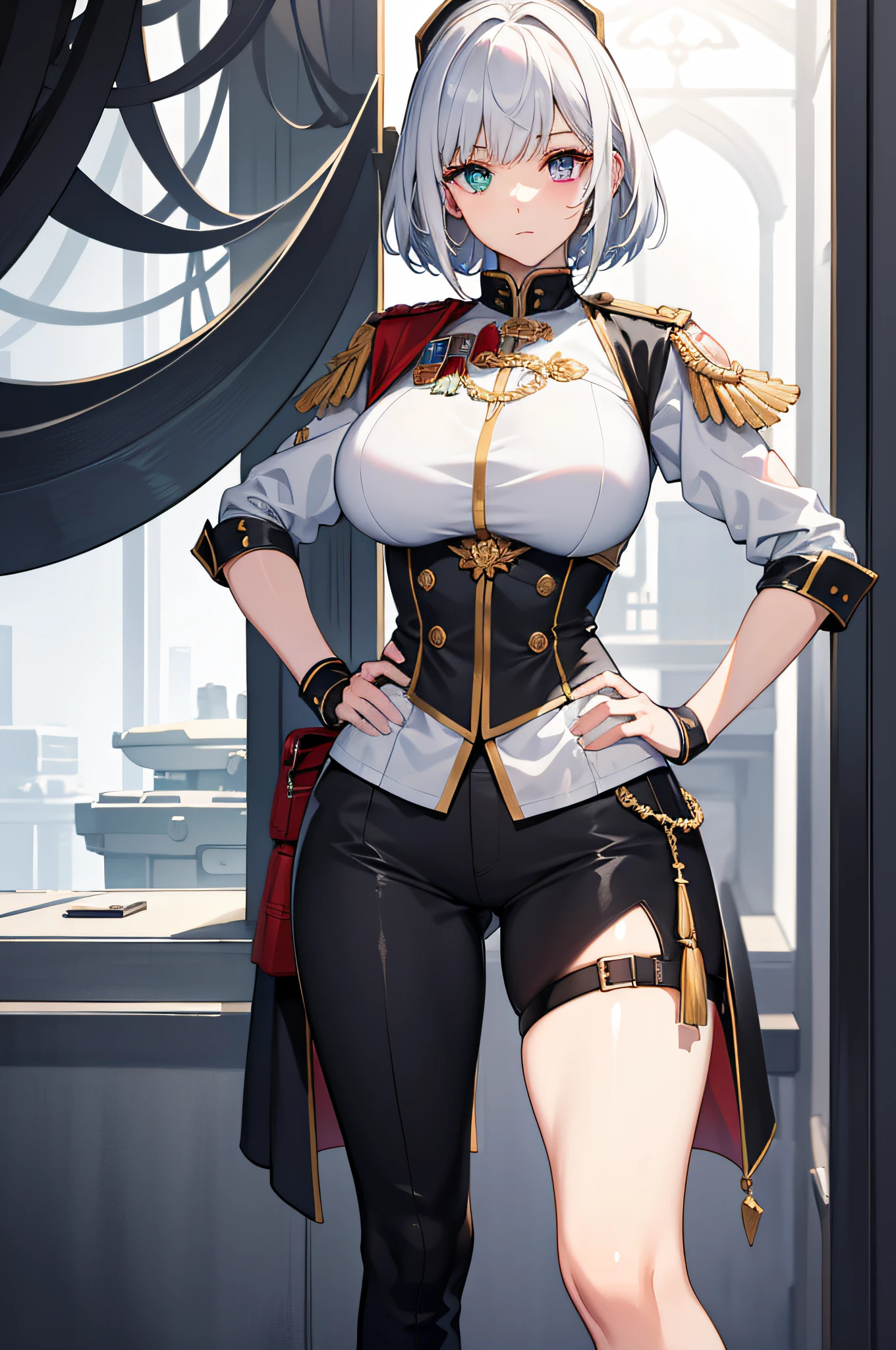 Masterpiece, Best quality, Huge breasts, Heterochromia , garreg mach monastery uniform, hand on own hip,short detailed hair