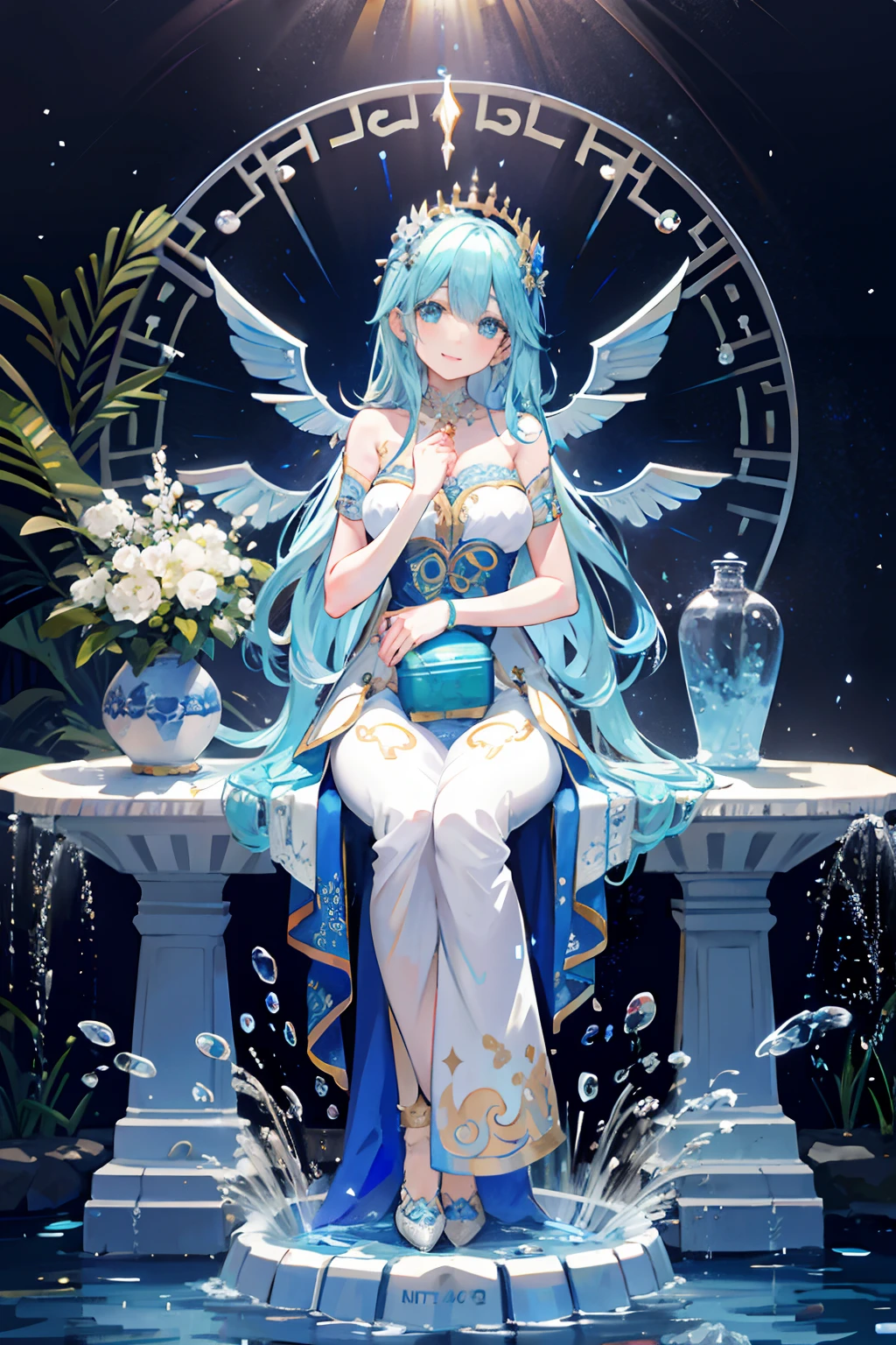 absurdres, highres,
BREAK
one goddess (girl) wearing detailed decorated dress, (hugging) water (jug:1.2), (Aquarius:1.35), white and blue outfits, (beautiful Circular) (water fountain:1.2) on background, Water spurting from fountain on both sides, standing, (focus on girl:1.3), looking at viwer, (Greek style:0.6), night, holy light, Crystal texture, (smile:1.1)