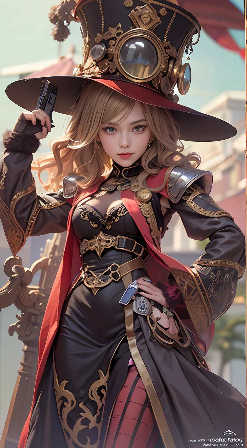 A woman in a hat and dress with a gun - SeaArt AI