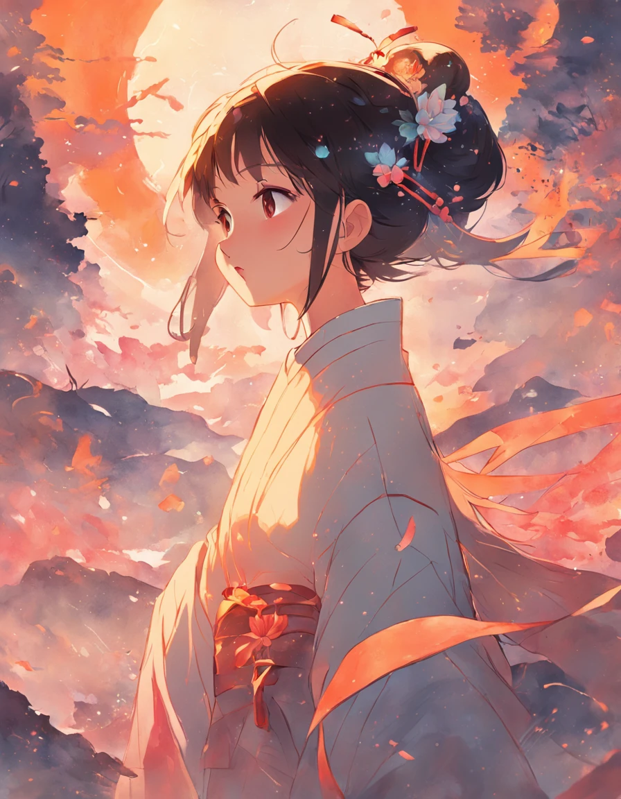 Chinese woman，chinse landscape，abstract painting，zen feeling，Amy Sol style，Cover art with light abstraction，Simple vector art，Contemporary Chinese art，Color gradient，Soft color palette，Hierarchical form，Whimsical animation，The style is ethereal and abstract