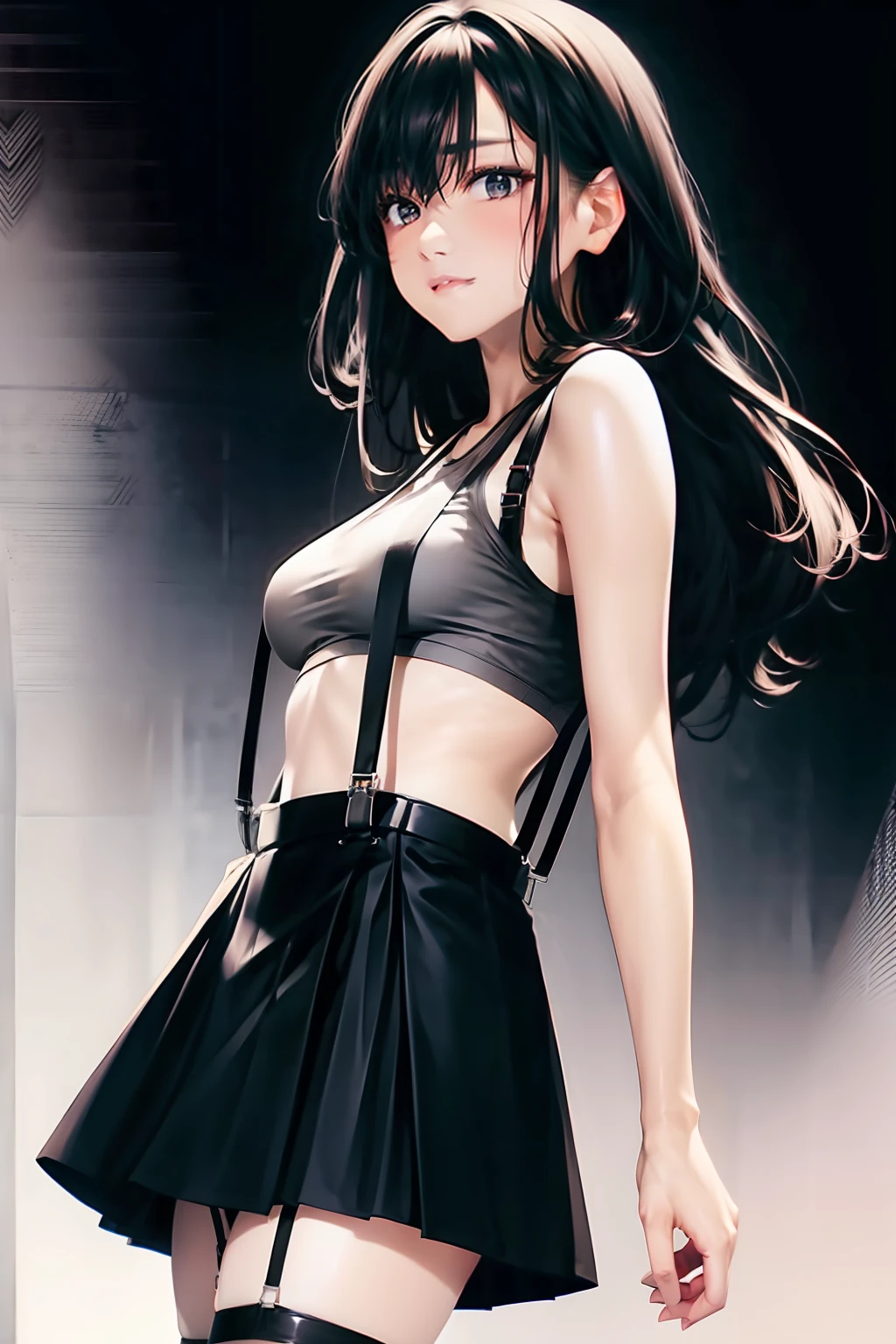 whole body, tearful mole, earring, medium hair, black hair, medium tits, shirt, skirt, bare legs, bare shoulder,