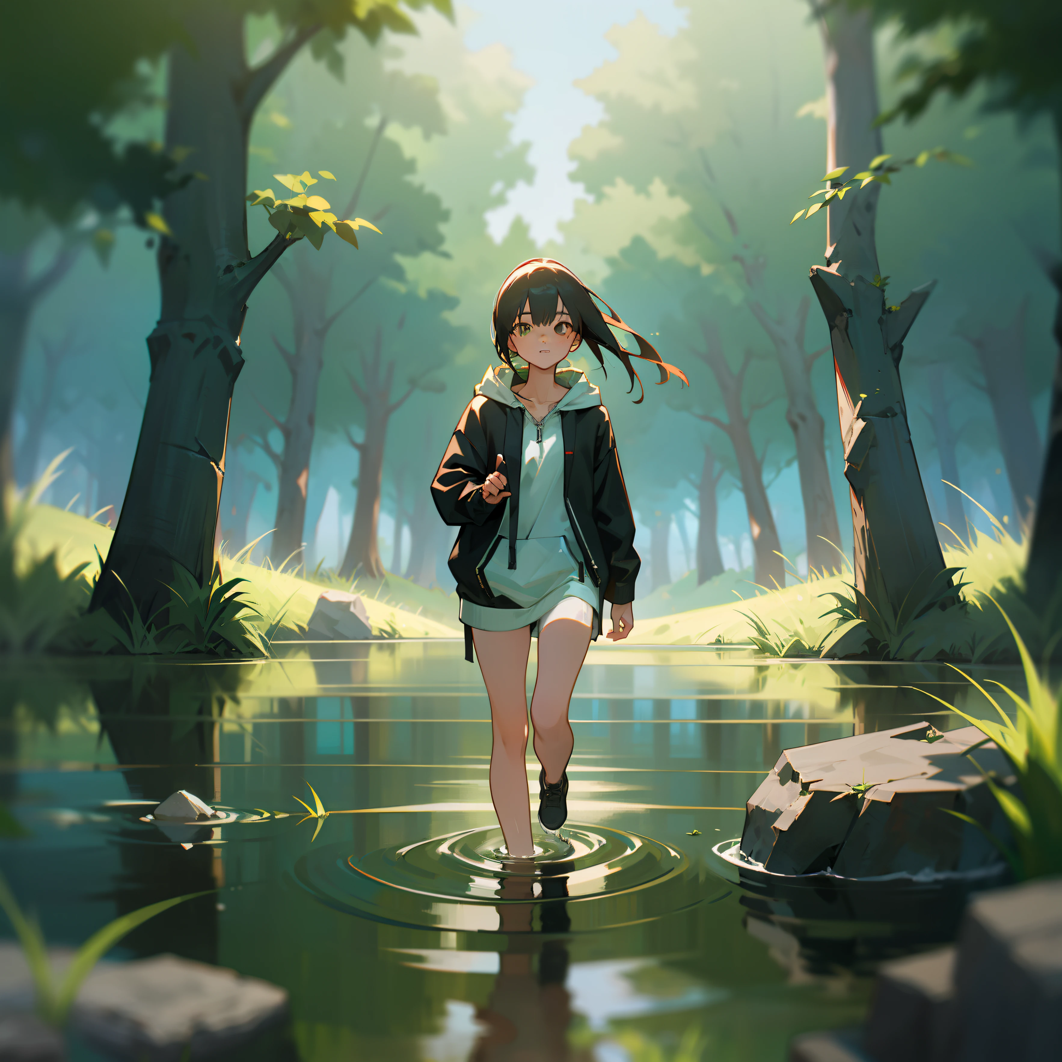 mksks style, (very detailed background:1.0), (highly detailed background:1.0), 1girl, full_body, looking_at_viewer, hoodie, partially_unzipped, masterpiece, best quality, (1girl, solo, girl:1.2), lake, grass, walking on water, jumping, stone ruins, chromatic aberration, depth of field, soft lighting