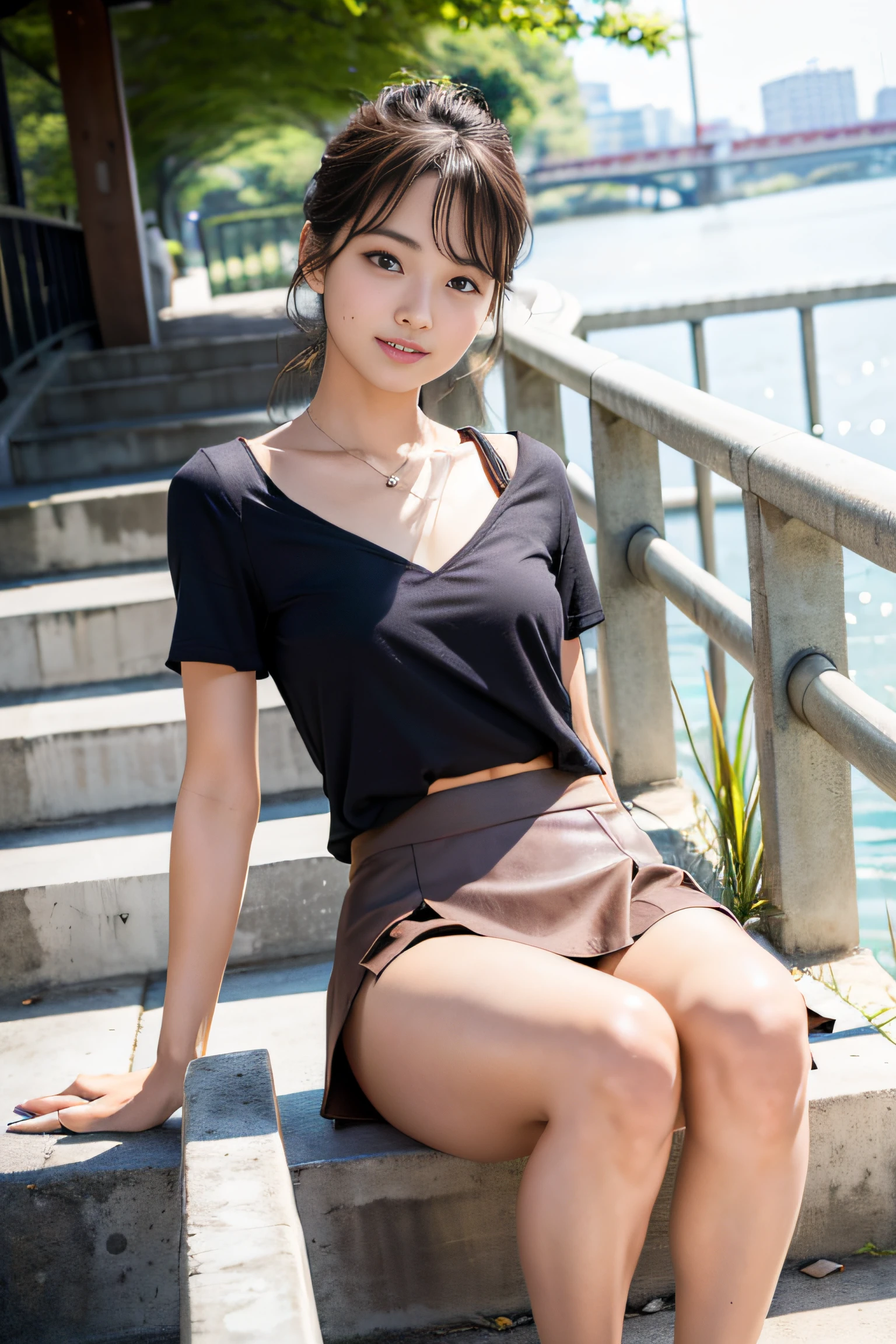 (Highest image quality, Highest image quality, Super A High Definition), (Raw photo, Realism 1.4), (flat chest), Fine skin, Fine face, Cute, AKB Girl, Girl in her 20s, Small breasts, Perfect Skin, thighs thighs thighs thighs, Medium Hair, Perfect, Brown hair, Brown eyes, Whole body, Sit on the steps of the footbridge、I can see the panties.、((Thin short-sleeved blouse)), ((Tight ultra mini skirt))、panties on、Bright sunlight, Smile