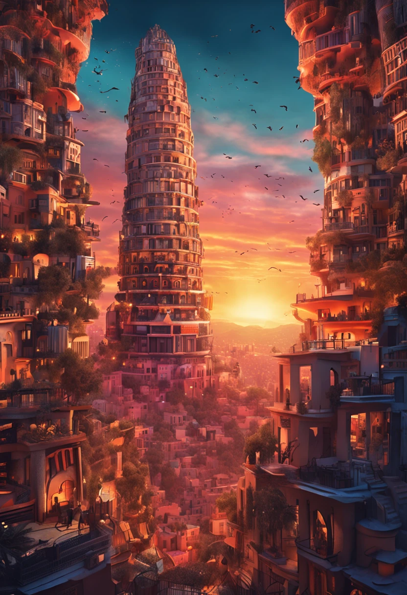 Awesome illustration of fabulous Tower of Babel, Showcasing intricate details and breathtaking craftsmanship. The tower rises tall，Under a vibrant sunset sky, Cast a mesmerizing shadow over the bustling city below. The scene is full of spectacle and momentum, Capture the essence of human ambition and solidarity