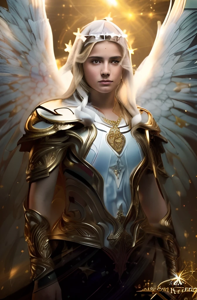 (((Saint Virgin Mary. 19 years old))) ((( Con una cara seria y piadosa. Con una mirada dulce y tierna))) (obra maestra, calidad superior, mejor calidad, arte oficial, beautiful and aesthetic: 1.2), (1girl), extremadamente detallado, (Arte fractal: 1.3), colorido, highest detailed, Cara perfecta, parte superior del cuerpo, HDR, (orando: 1.3), (golden lines of white coat: 1.2), galaxia, (rayas de luz), eye-catching visuals, (dynamic stripes, senderos luminosos: 1.2), colores vibrantes,
