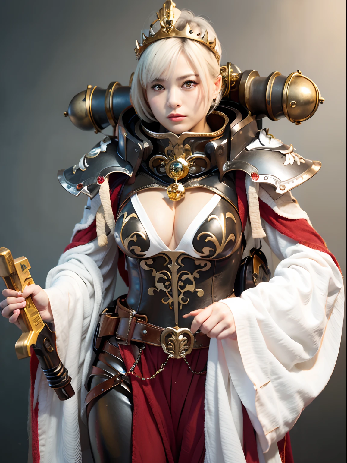 (masutepiece), Professional , ​masterpiece、top-quality、photos realistic , depth of fields （Gemstone Silver Metal Body:1.９),(Matte White、Jewel Gold Weapon（Jewel Metal Body:1.４),Gorgeous metal weapons , Detailed Sword of the Brave , Beautiful knife   ,warhammer 40k , adepta sororitas,Detail and ornate jewel crown、Golden hair、Gangle's forest background、Beautiful Caucasian beauty、１a person、dynamic ungle,(((Detailed and ornate diamond crown)))、Smaller head、A smile、Background inside the castle、Thin and beautiful female hands、cleavage of the breast、Soldier in iron armor on background、Soldier in iron armor on background、Mystical expression、Light Effects、