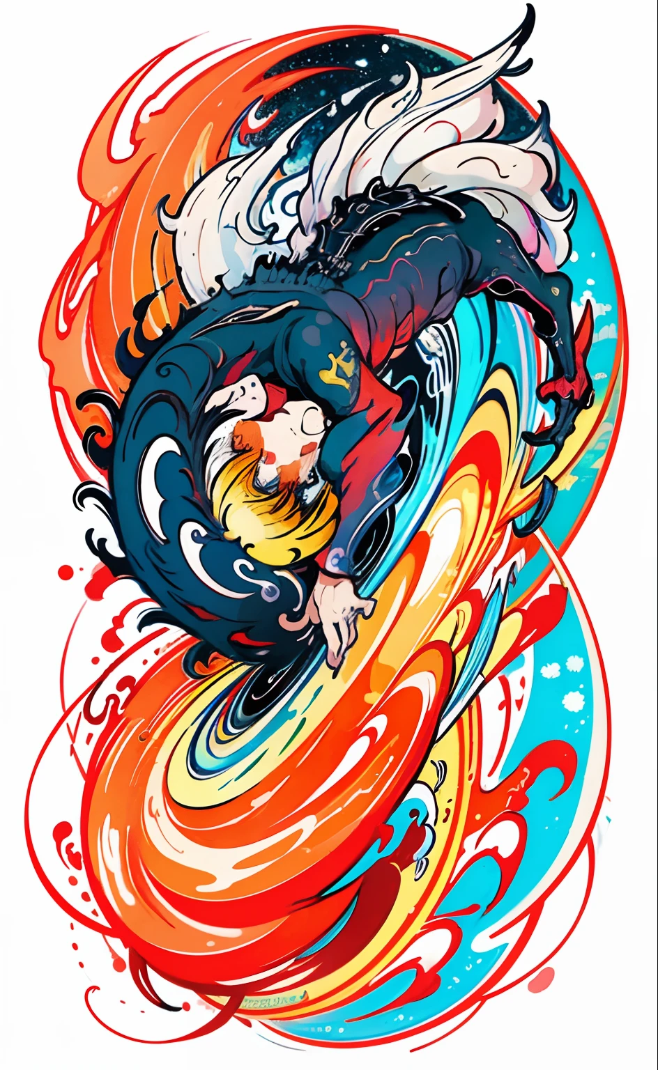 Making of Illustration Poster, Flat illustration, Colorful, Highly saturated, Wheel Guoguan, warm and bright, Colorful, HDTV8K, colored light particles, Heterochromatic, Male child, Upper body, Clear face, By the sea, A reasonably wide blue sky, white clouds, (Color: 1.5), -- V6