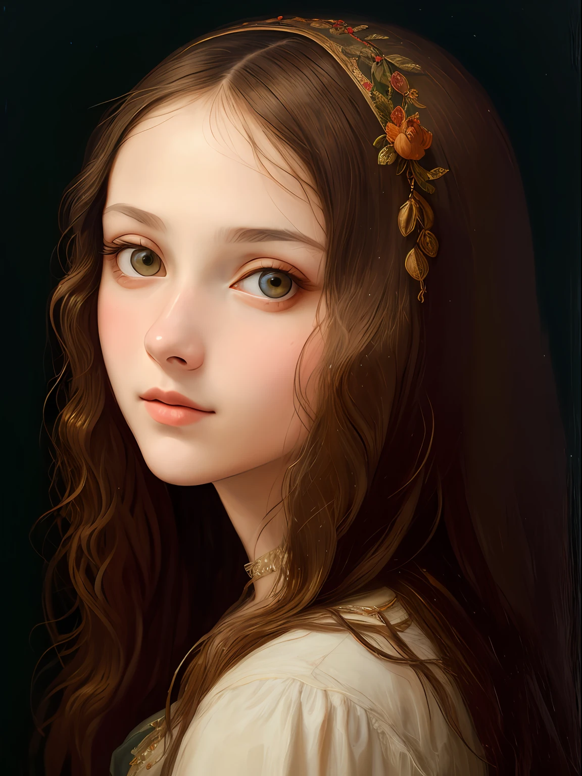 A painting of a girl with long hair and a flower crown - SeaArt AI