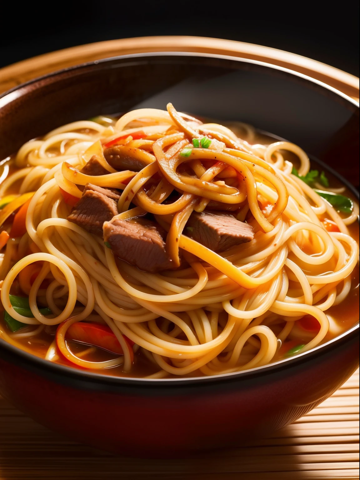 Close-up of a bowl of Chinese noodles,There is beef in it, Colorful animation stills style, sci fi anime, Dark red and dark amber, Qian Xuan, organic sculpting, accurate and detailed, Anime core ,32k ULTRAHD, Best quality, Masterpiece, Super detail, High details
