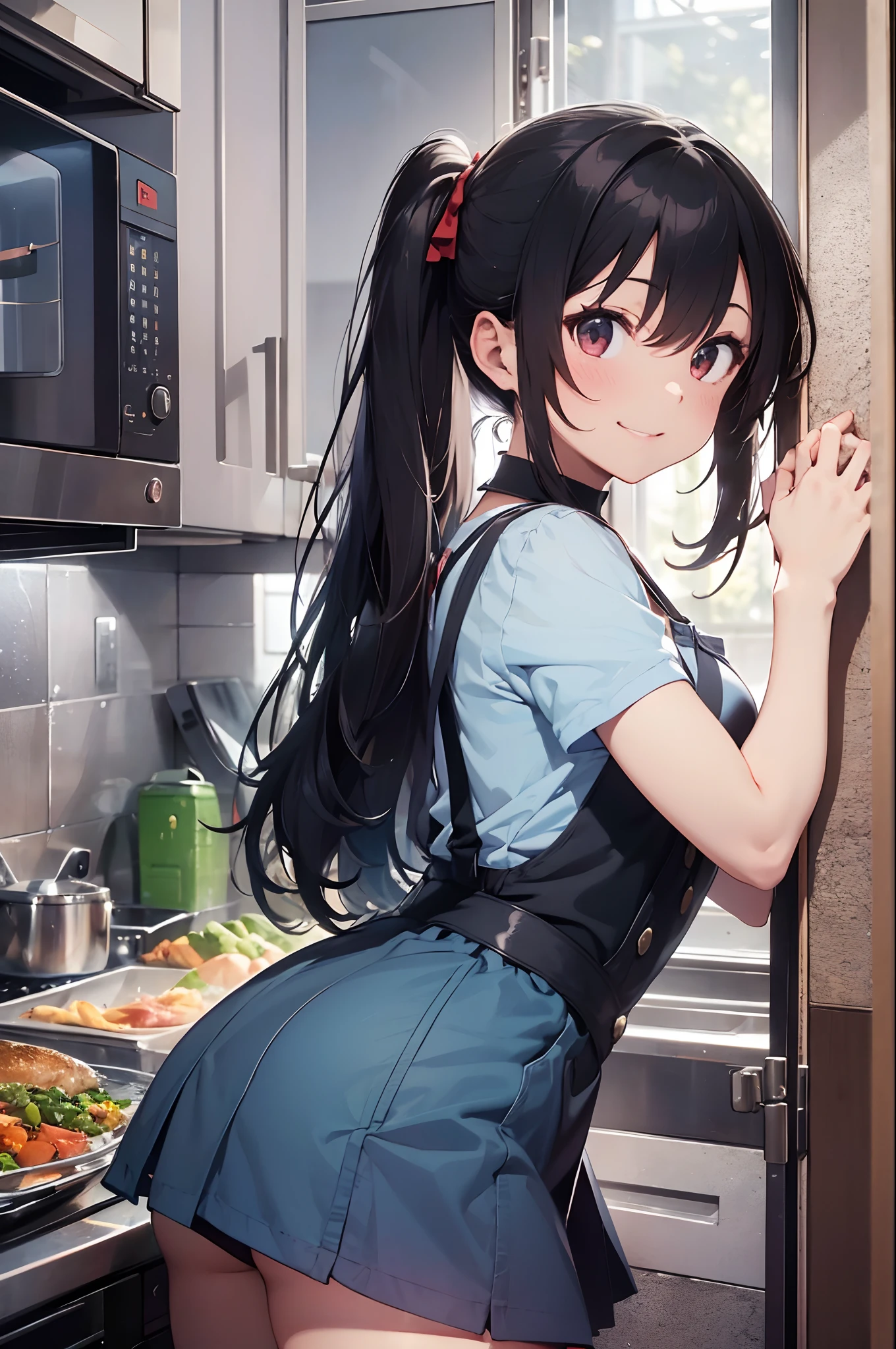 (8K, Raw photography, top-quality, masterpiece:1.2), 1girl in, 3 d,A dark-haired、The long-haired、poneyTail、posterior view、pinafore、Camisole、a miniskirt、Asian, Home Kitchen、frying hands、pans、In the middle of the meal、(natta:1.2)、A smile、