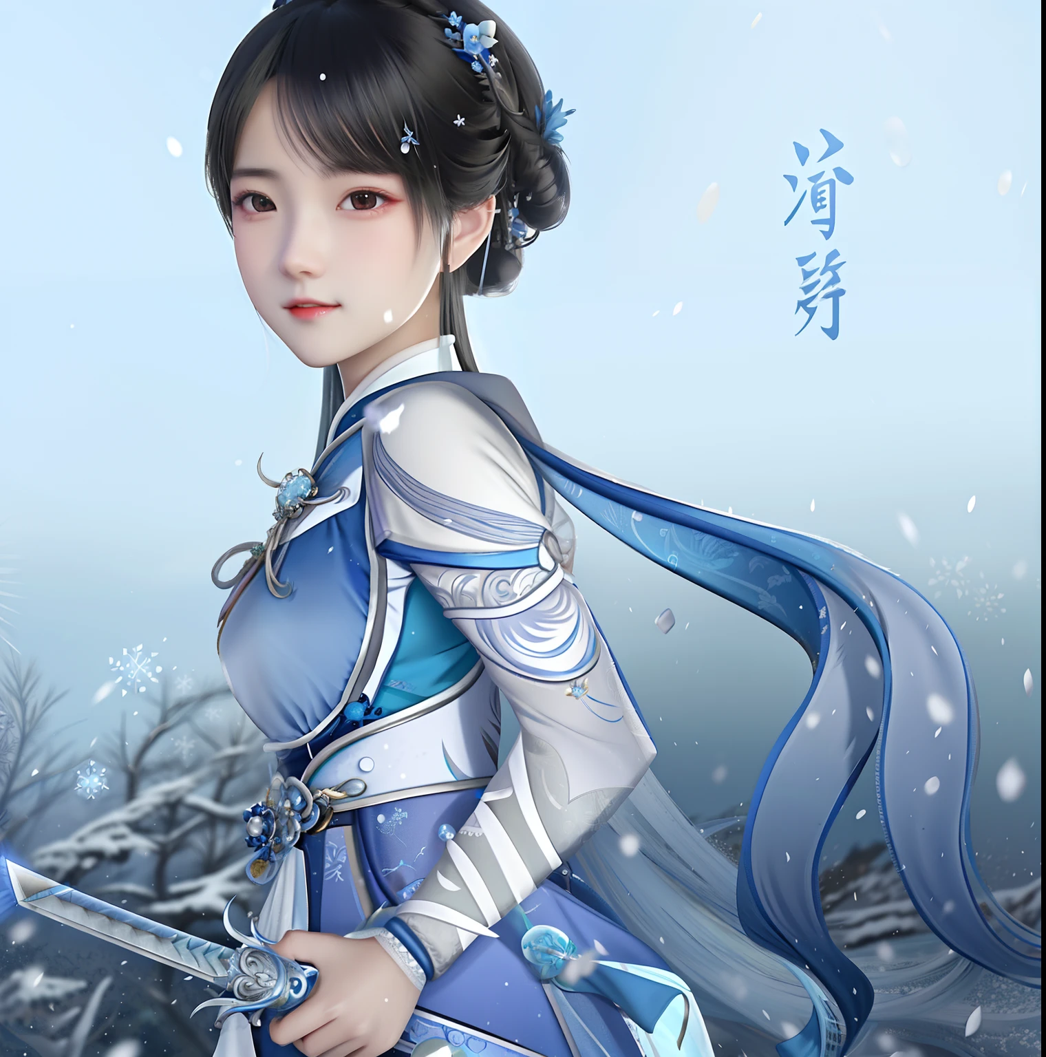 Anime girl with sword and blue dress in snow scene, inspired by Leng Mei, inspired by Li Mei-shu, inspired by Zhou Wenjing, queen of the sea mu yanling, xianxia hero, highly detailed exquisite fanart, Inspired by Zhao Yuan, full-body xianxia, inspired by Mei Qing, inspired by Zhao Zuo