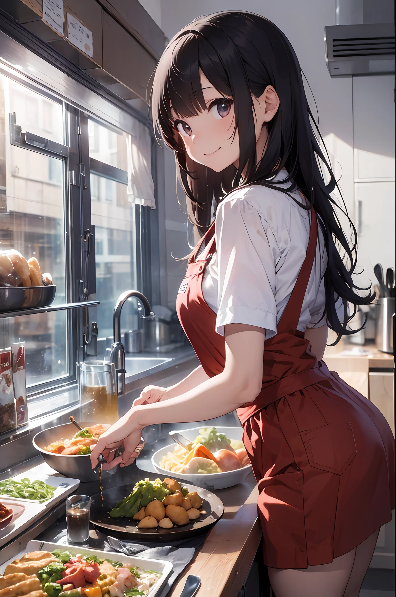 (8K, Raw photography, top-quality, masterpiece:1.2), 1girl in, 3 d,A dark-haired、The long-haired、poneyTail、posterior view、pinafore、Camisole、a miniskirt、Asian, Home Kitchen、frying hands、pans、In the middle of the meal、(natta:1.2)、A smile、