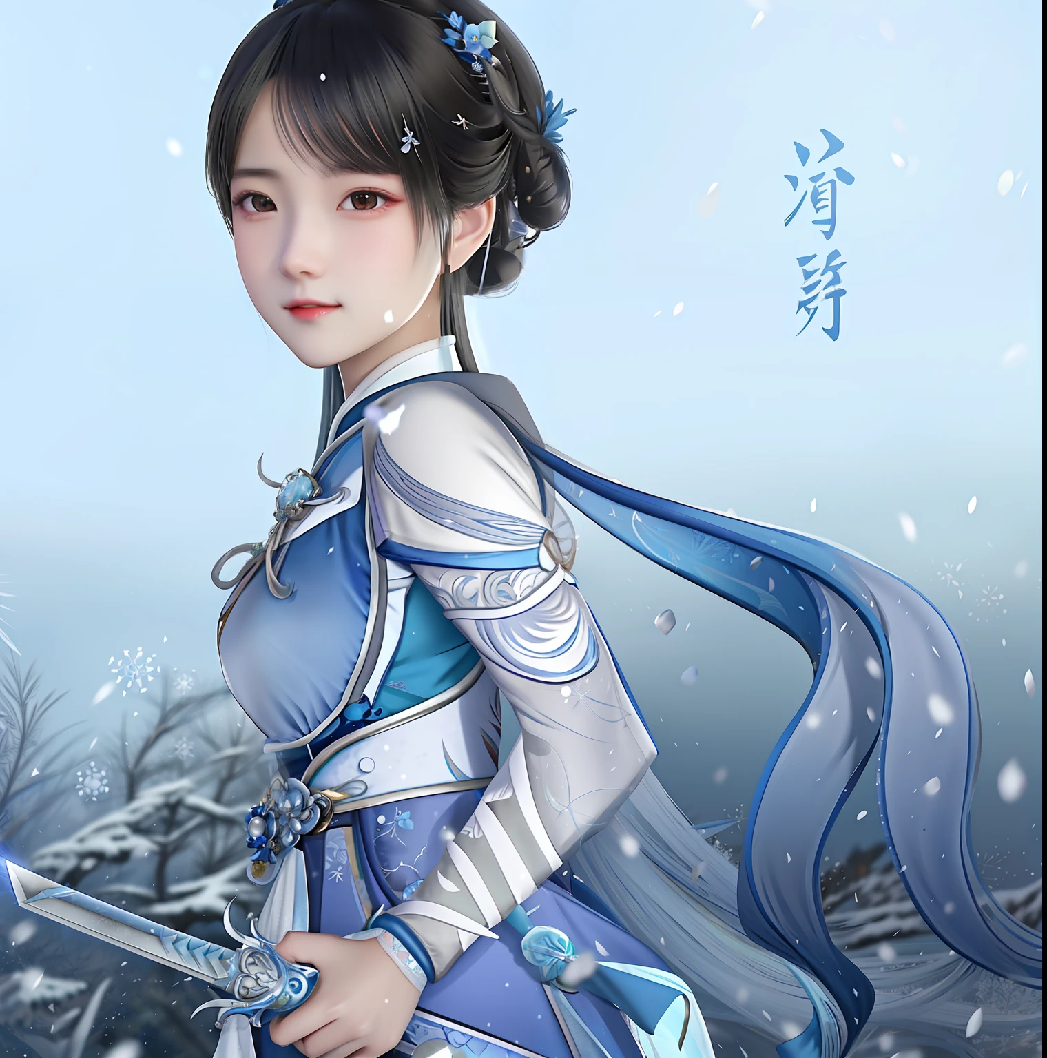 Anime girl with sword and blue dress in snow scene, inspired by Leng Mei, inspired by Li Mei-shu, inspired by Zhou Wenjing, queen of the sea mu yanling, xianxia hero, highly detailed exquisite fanart, Inspired by Zhao Yuan, full-body xianxia, inspired by Mei Qing, inspired by Zhao Zuo