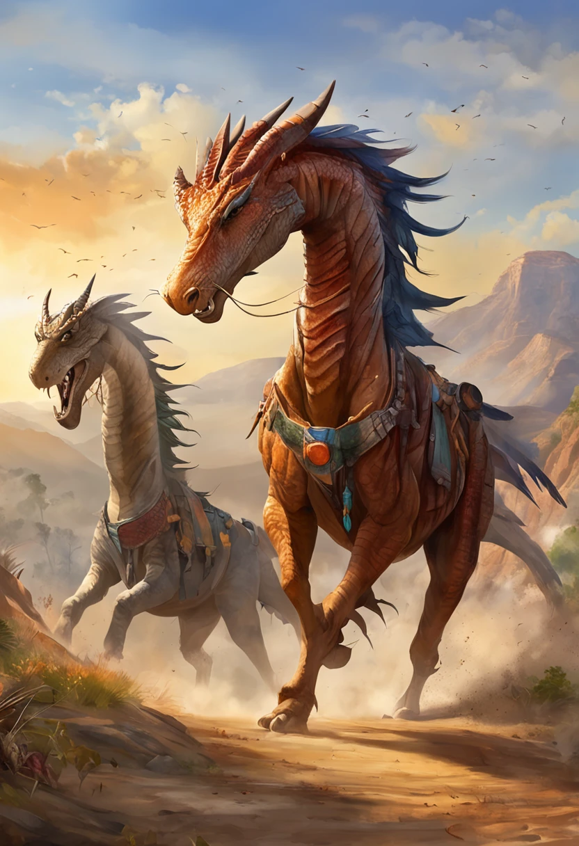 extremamente detalhados, obra-prima, great quality, imagem em CG ultra detalhada, perfect lighting, sombras realistas, epic scene, dinossauros poderosos transportando lobos, dramatic sky, cores vibrantes.
